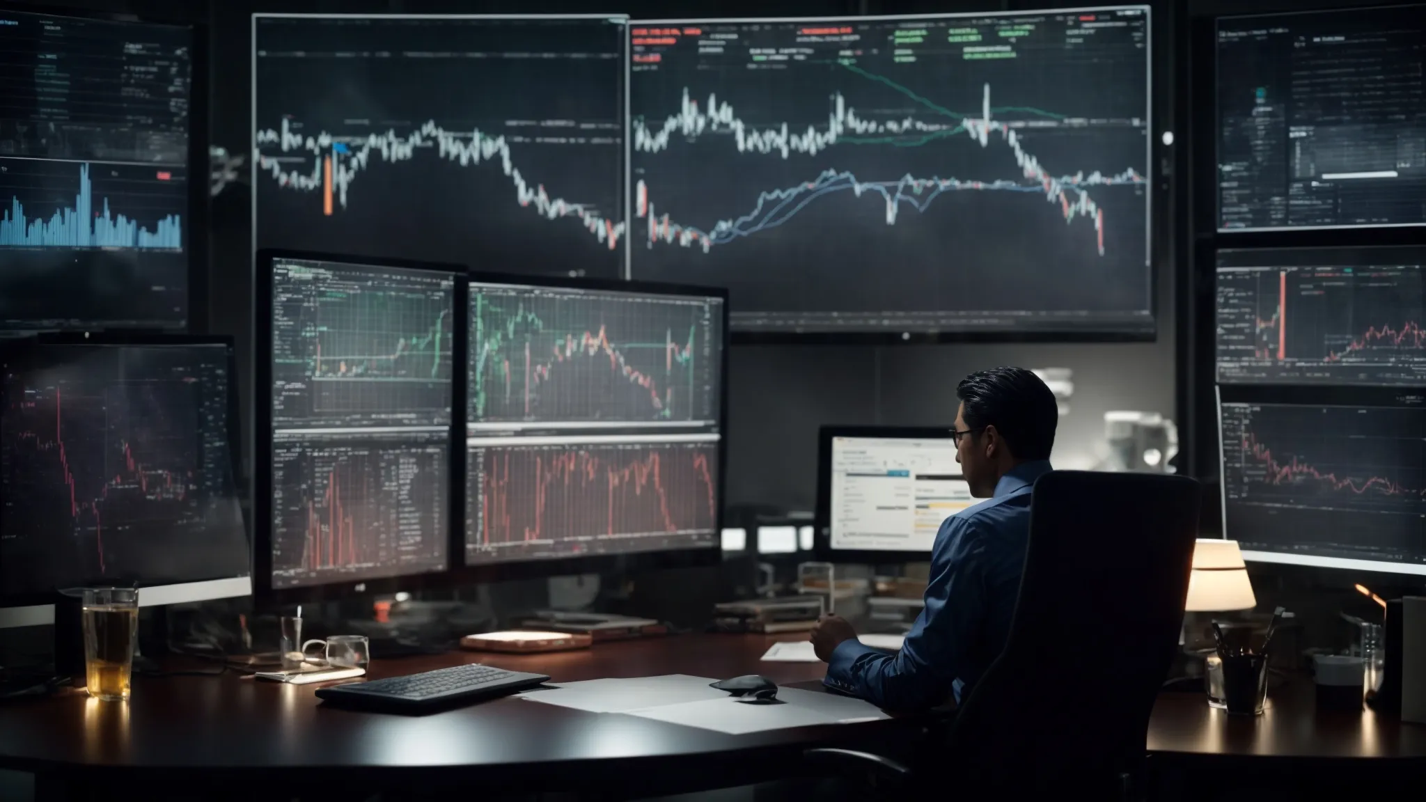 a businessman at his desk, surrounded by glowing screens displaying graphs and email icons, captures the essence of strategizing email marketing campaigns.