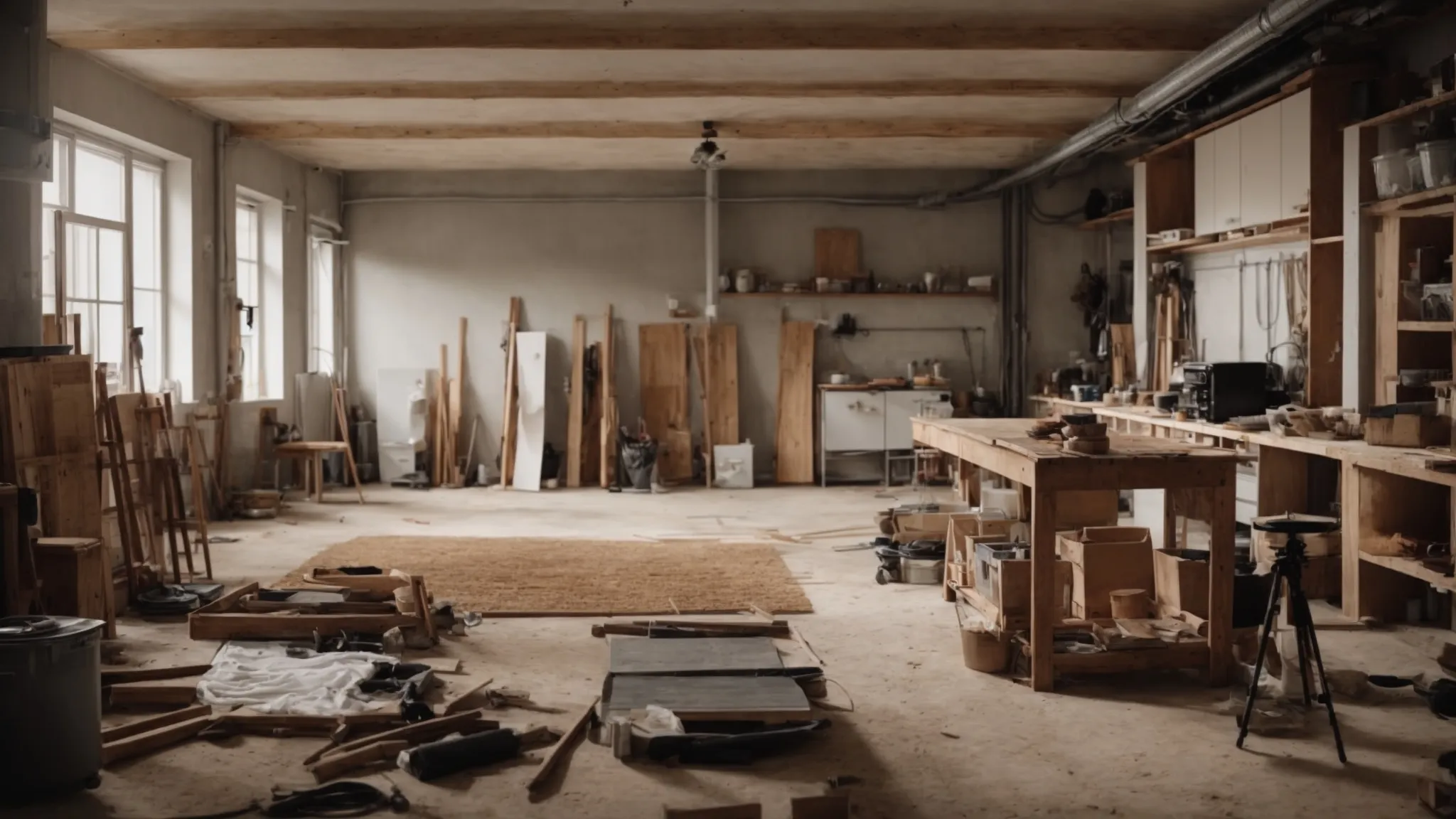 a spacious room half-filled with renovation tools and materials, while the other half is neatly organized with a temporary kitchen setup.