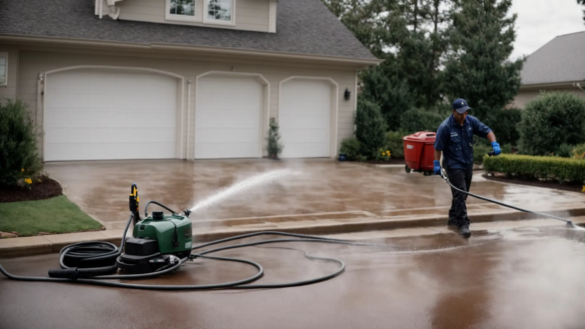 a professional pressure washing technician cleans a sprawling residential driveway, showcasing a variety of equipment suited for different surfaces in the background.