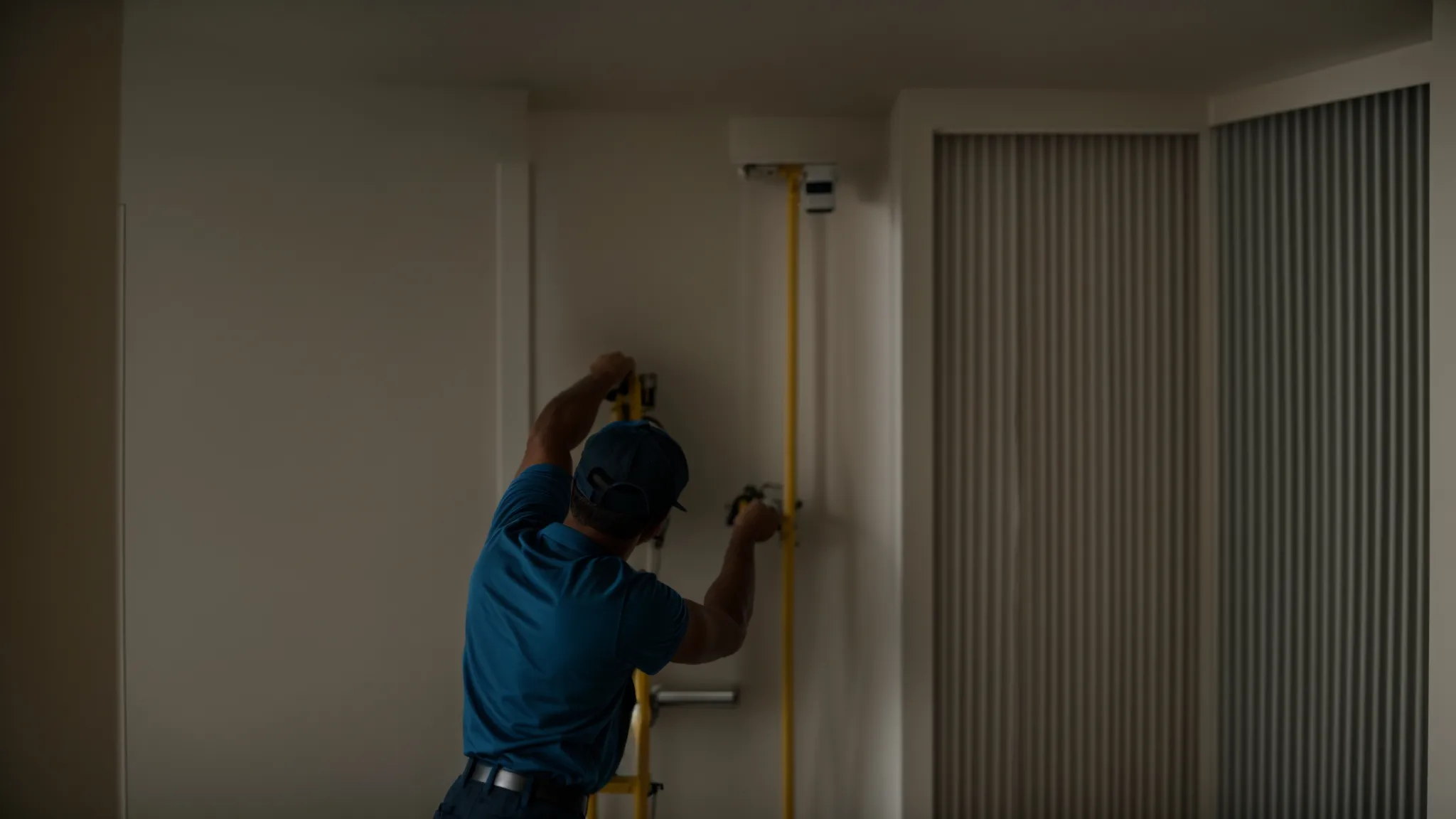 a maintenance worker stands on a ladder, fixing a light fixture in an apartment complex's hallway.