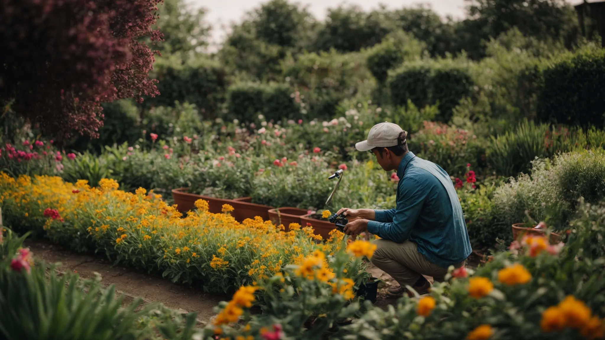 a gardener carefully tends to a vibrant garden, symbolizing the cultivation of engaging content.
