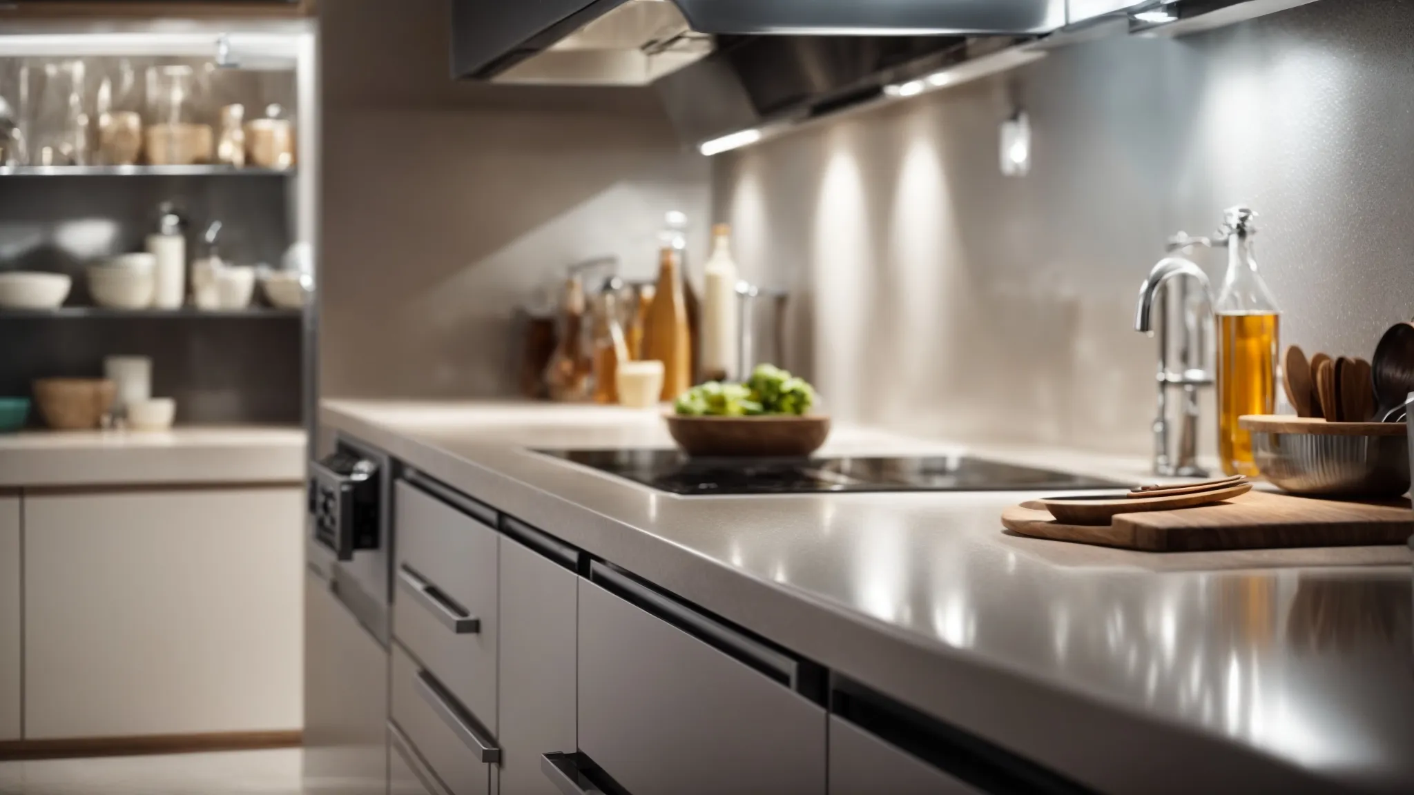 a sparkling clean kitchen illuminated under bright lights, with clear countertops and gleaming surfaces, ready for its next culinary task.
