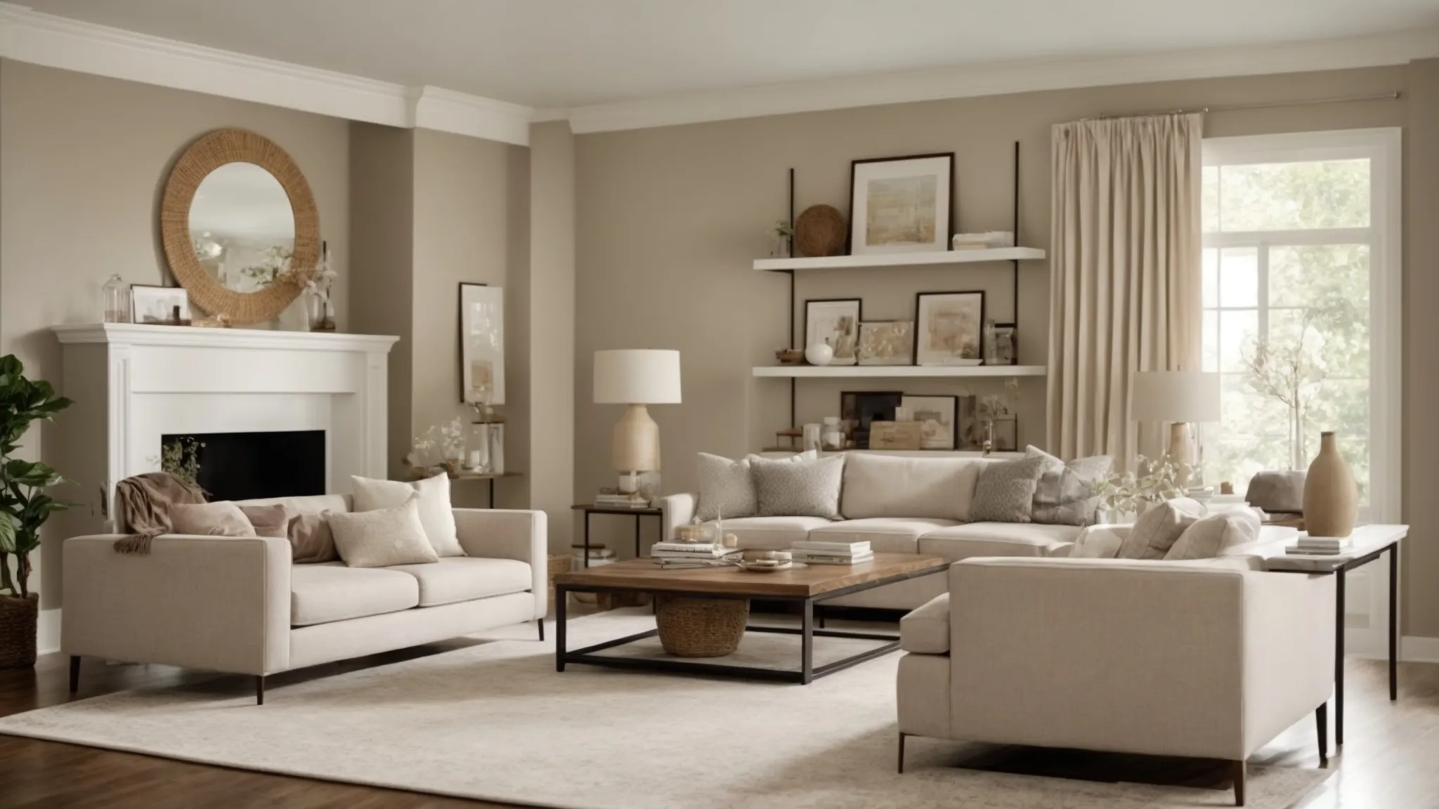 Create an image showcasing a well-staged living room with neutral colors, freshly painted walls, decluttered shelves, and strategically placed artwork, emphasizing the importance of presentation when preparing your house for a quick sale during divorce proceedings.