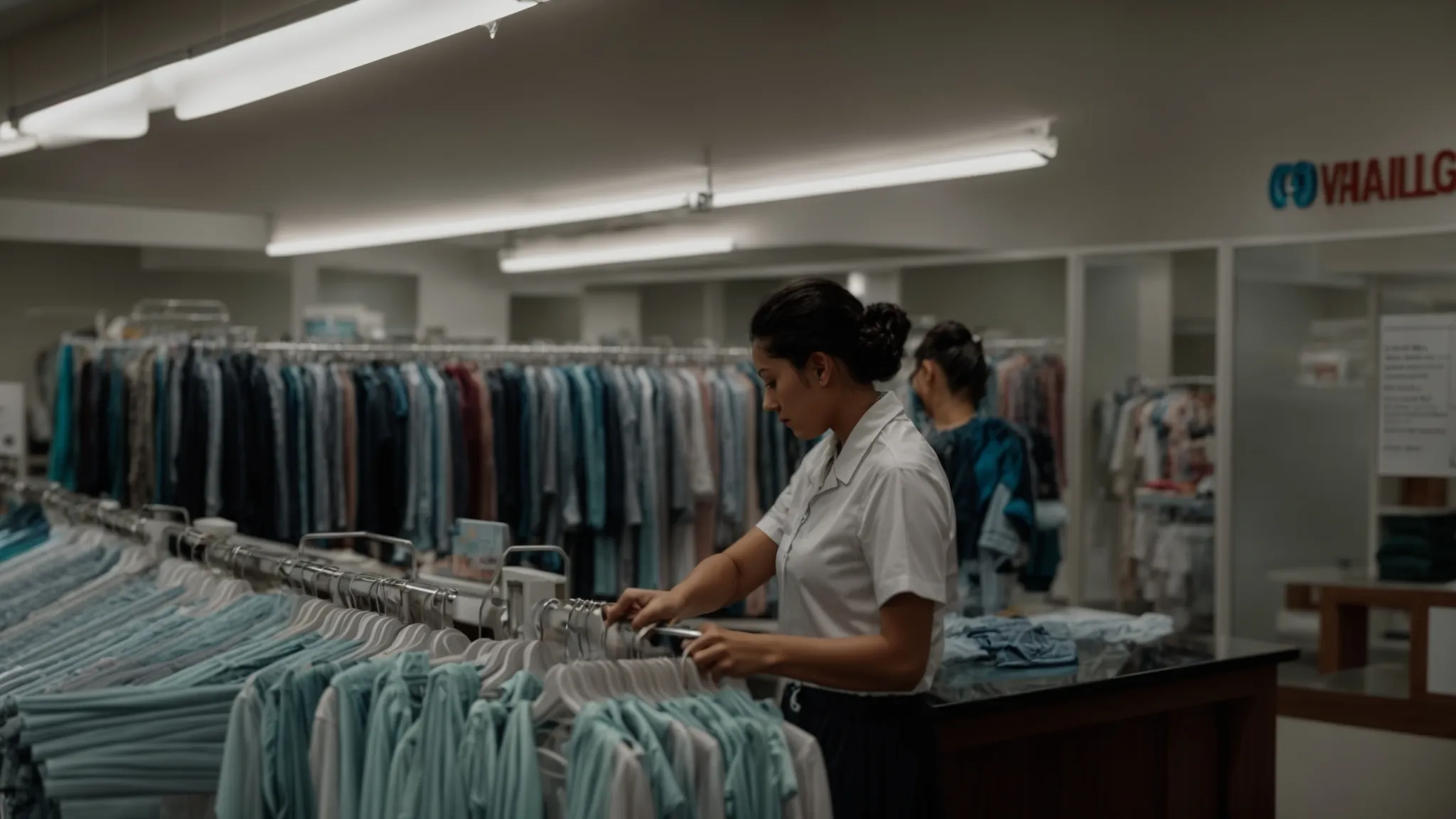 a neatly organized dry cleaning store, with a variety of garments hanging in the background and a staff member folding clothes at the counter.