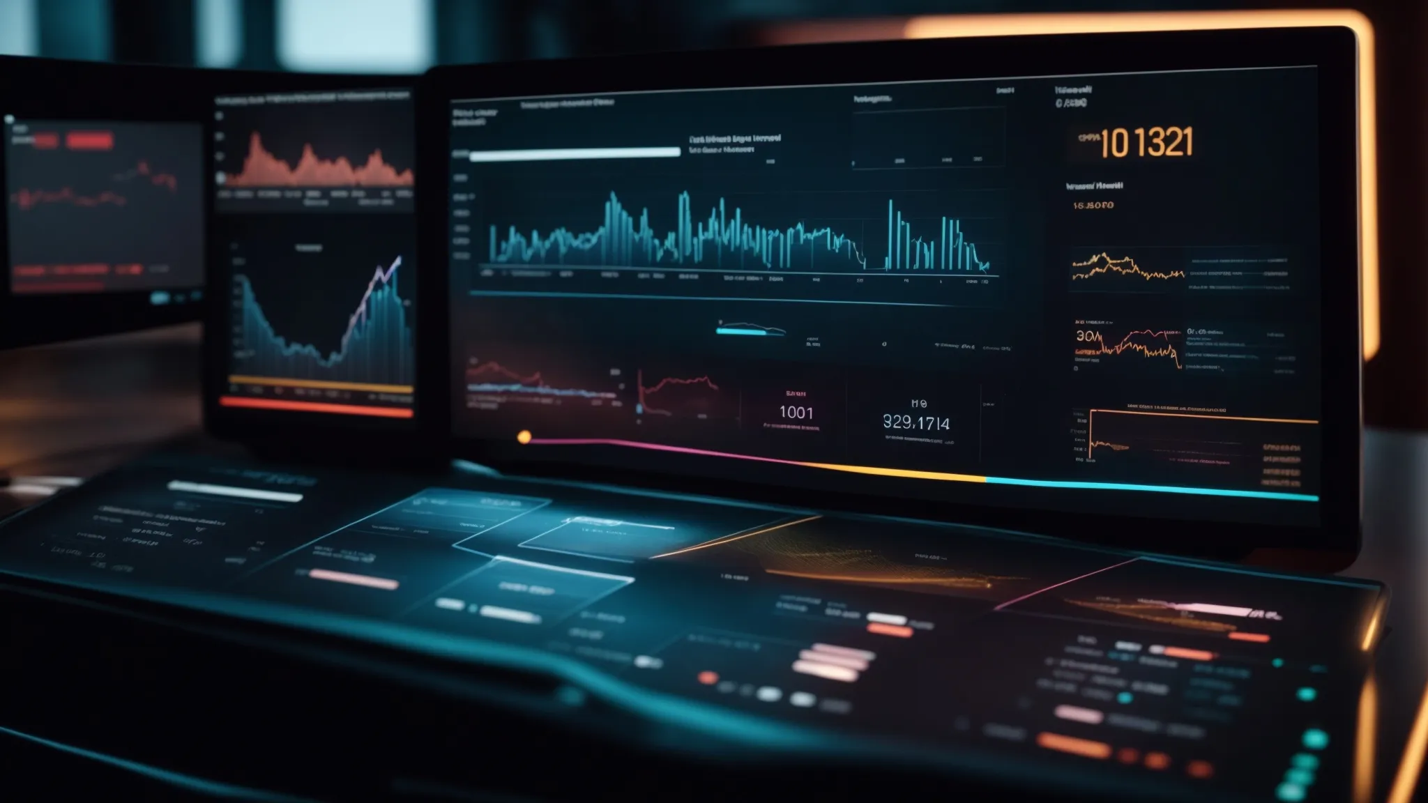 a sleek, futuristic dashboard displaying a variety of complex graphs and charts illuminated by the glow of a computer screen in a dimly lit room.