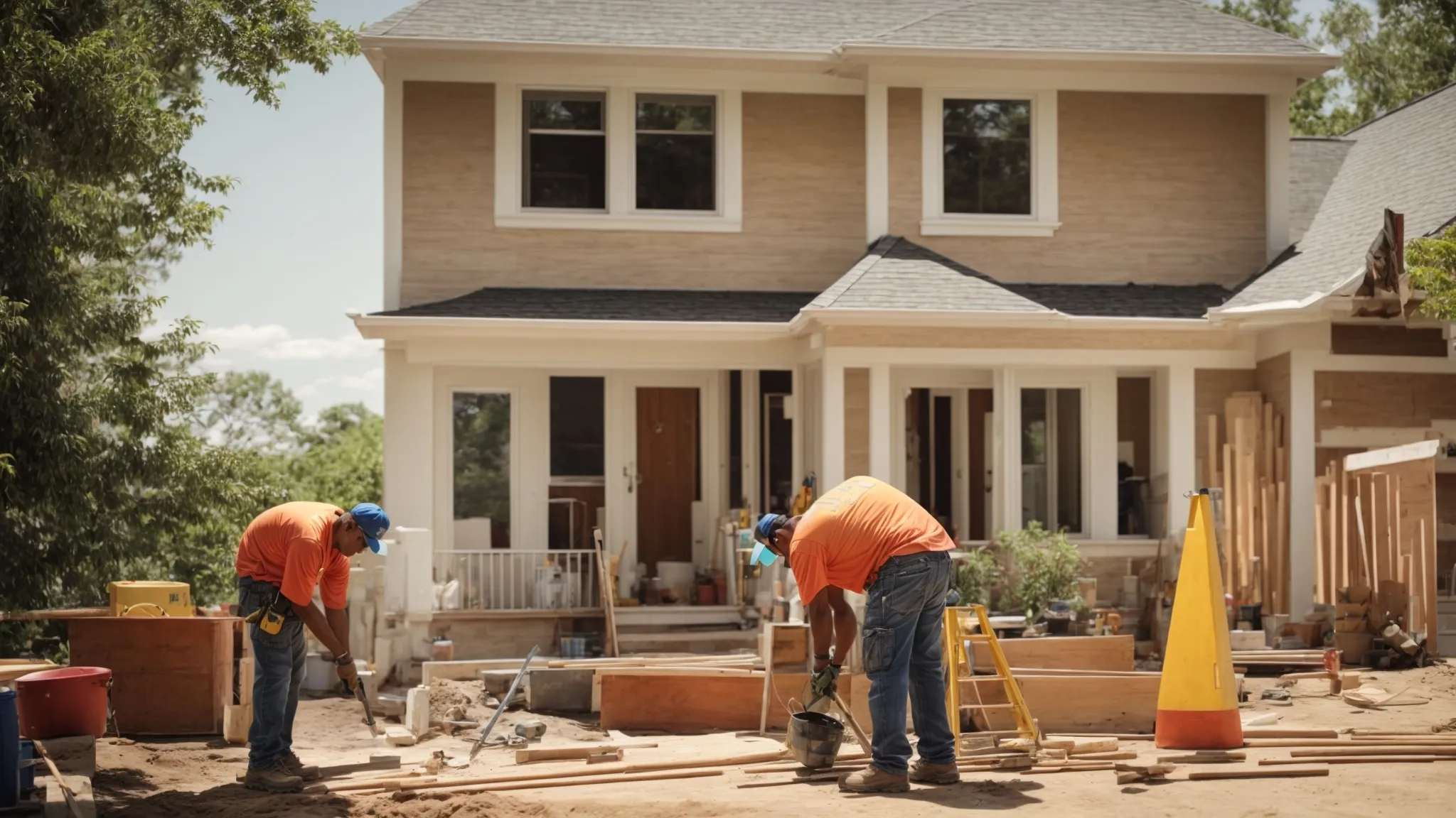 a construction crew works diligently on a home exterior under the bright summer sun, signaling the peak season for renovations.