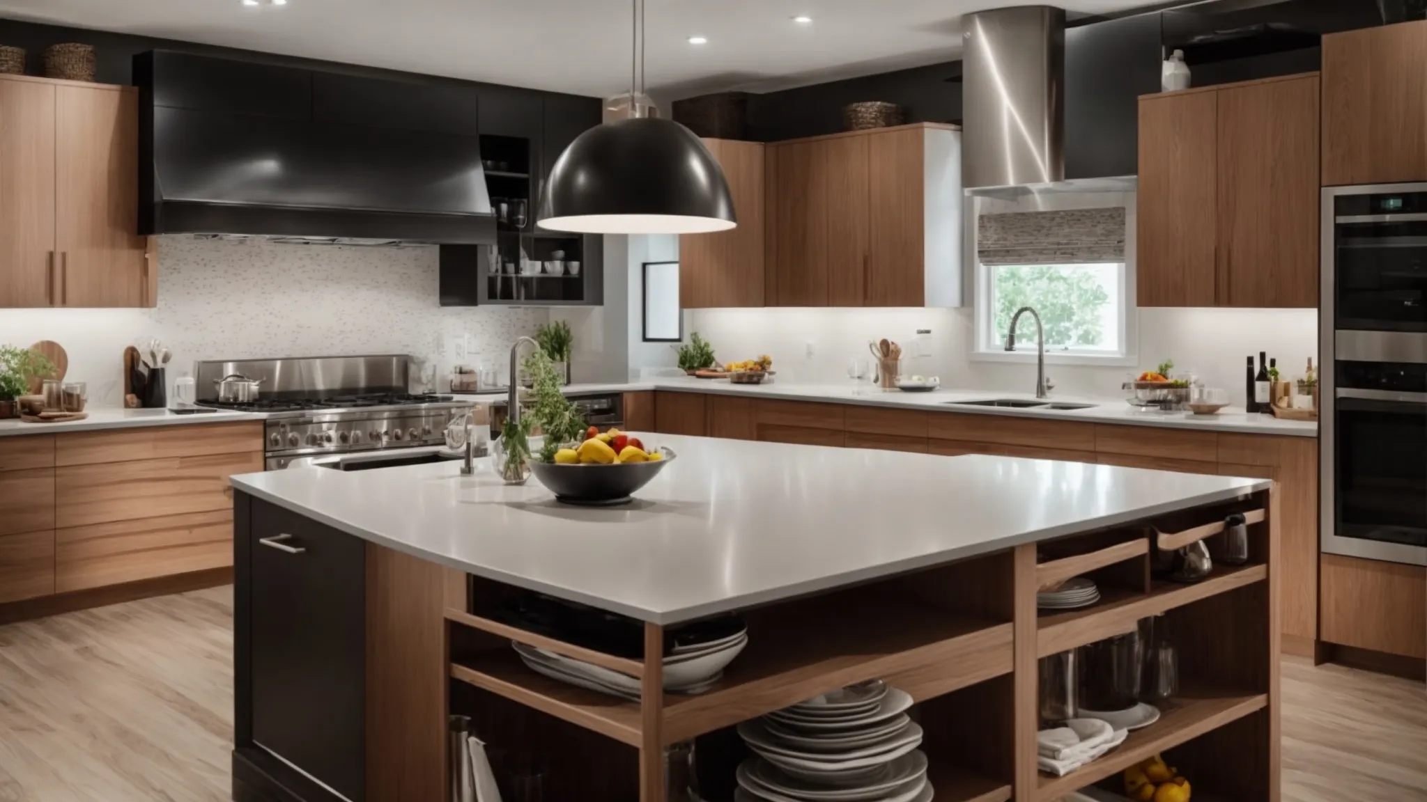 a wide-angle view of a modern, professionally remodeled kitchen with sleek finishes and open space contrasts starkly with a cluttered, unfinished diy project room.