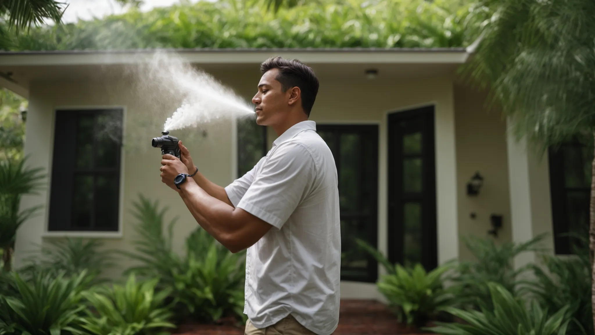 a professional gently sprays an eco-friendly solution on a tampa home's exterior, surrounded by lush greenery.