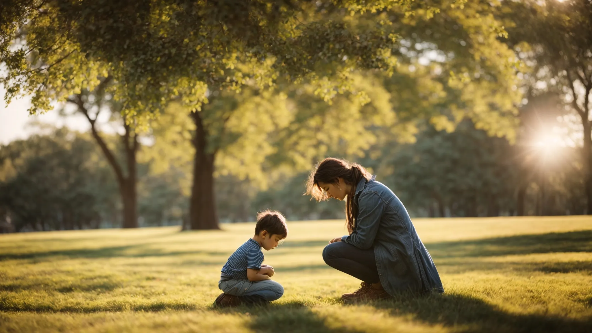 a parent kneeling down to eye level with their child, offering a comforting hug in a sunny park.
