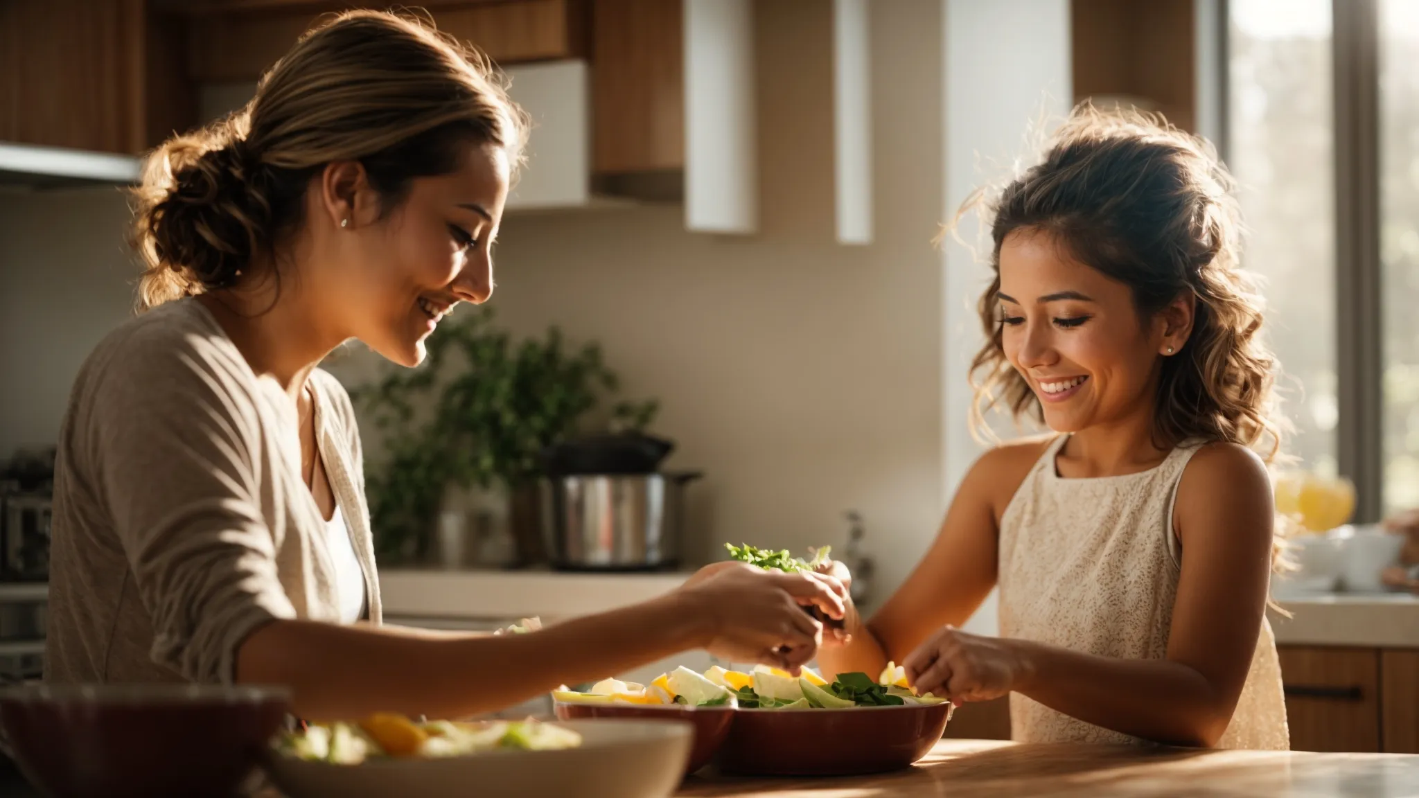 a mother and daughter, both with genuine smiles, are seen preparing a healthy meal together in a sunlit kitchen.