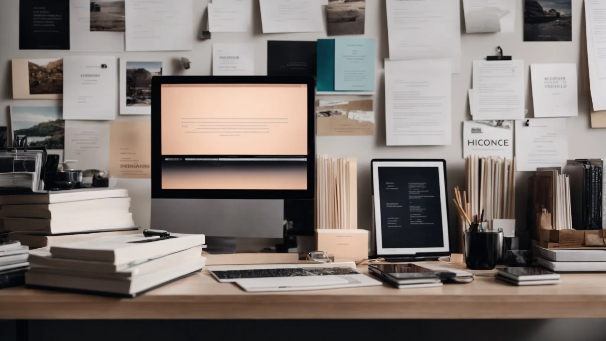 a neatly organized desk surrounded by scattered writing samples and a glowing computer screen showcasing a polished website portfolio.