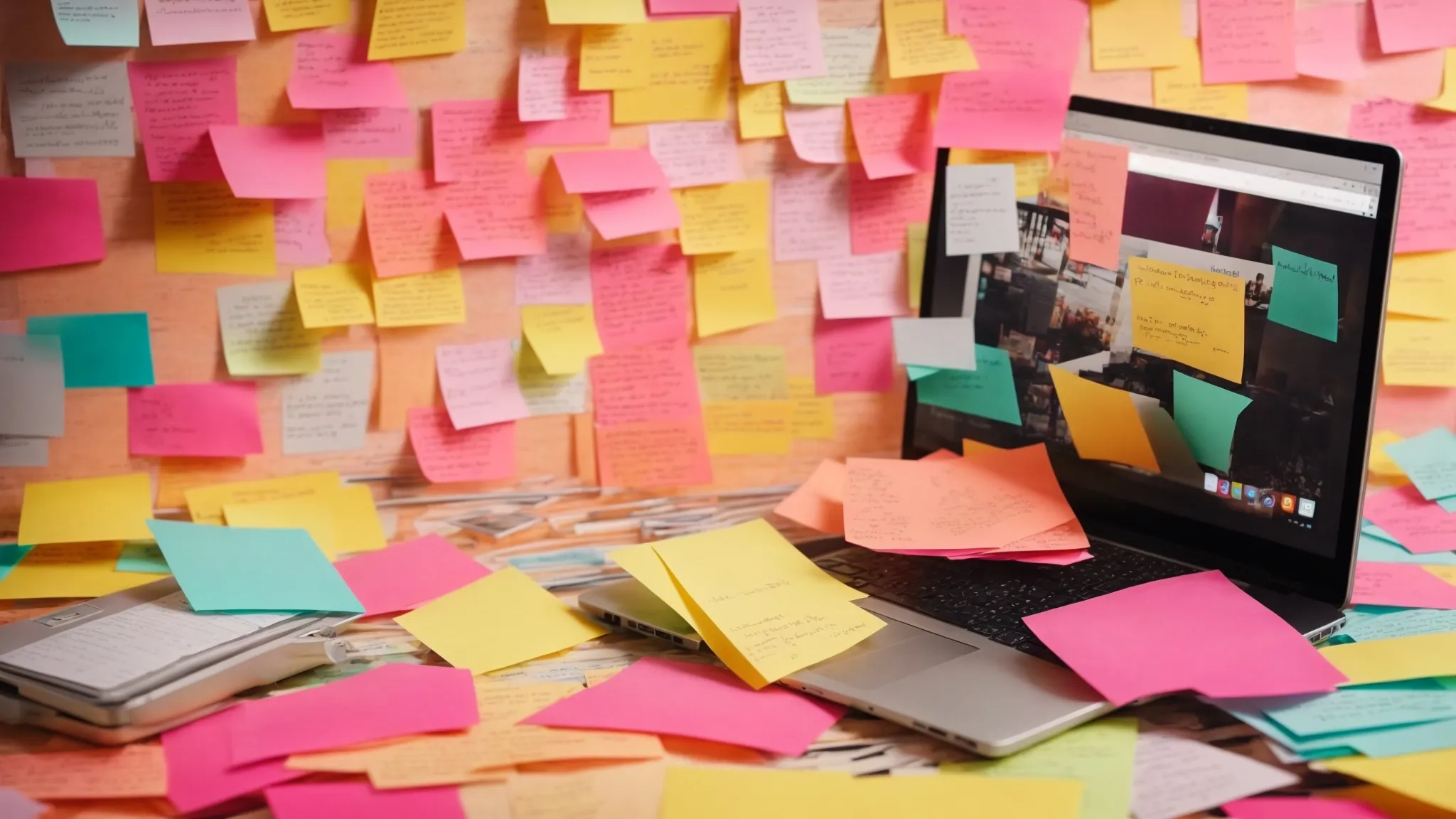 a laptop with an open blogging platform on its screen, surrounded by vibrant sticky notes with brainstorming ideas.