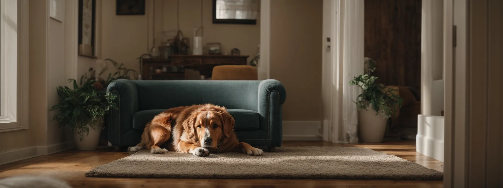 a pet dog rests peacefully in a cozy living room, unaware of the invisible dander it releases into the home's hvac system.