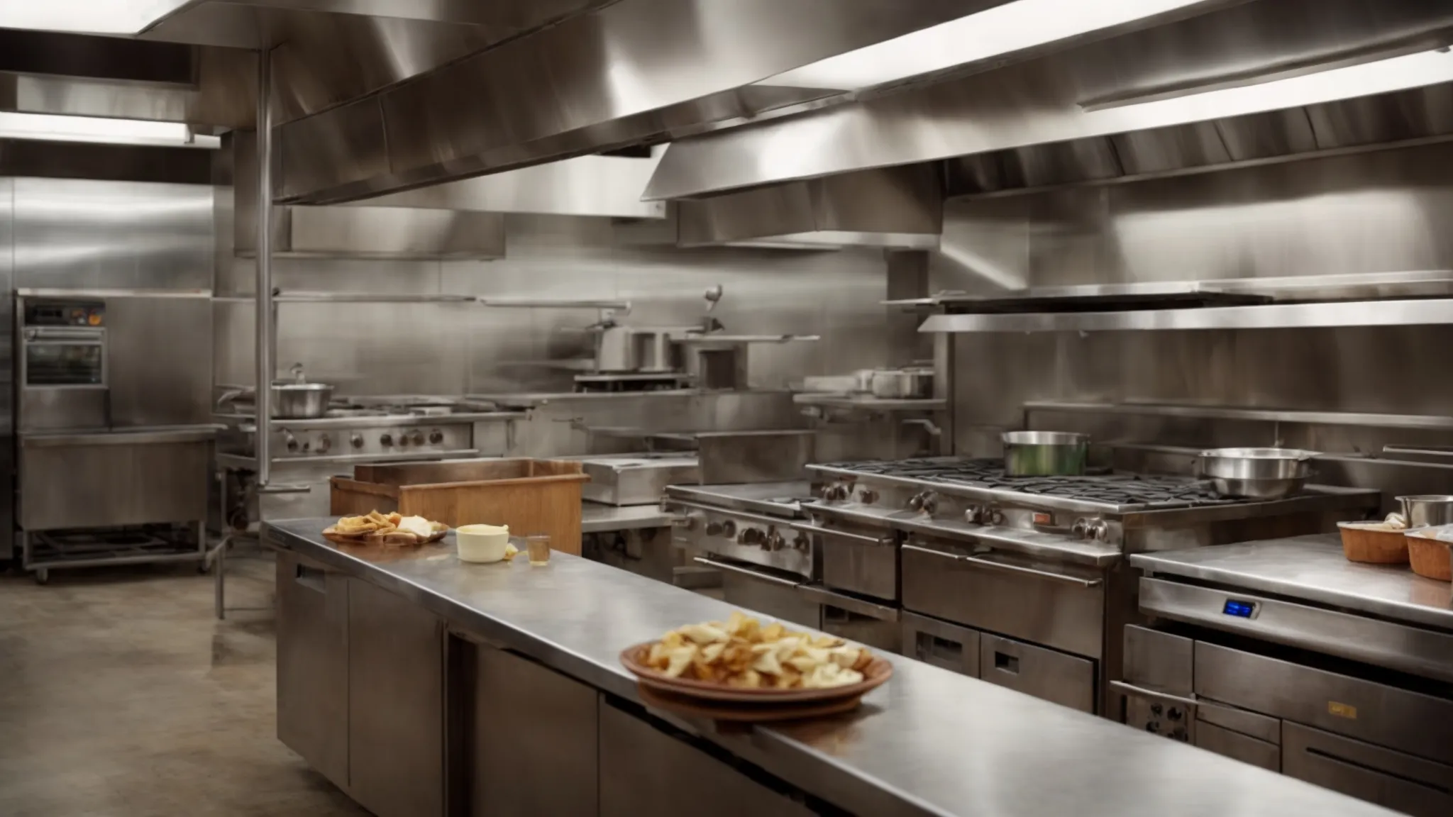 a commercial kitchen with visible grease stains on the hood, highlighting the need for cleaning and maintenance.