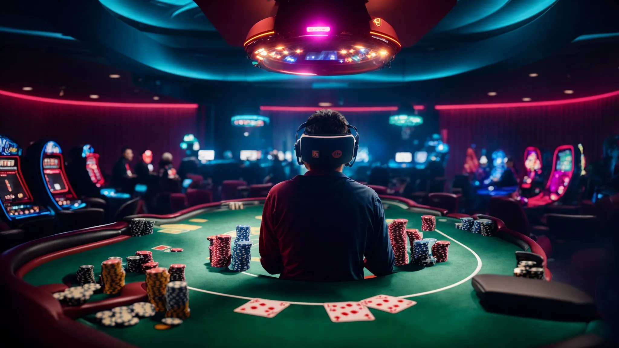 a player sits enveloped in a hi-tech vr headset, absorbed in a vibrant and expansive virtual poker room where avatars gather around a glowing, digital poker table.
