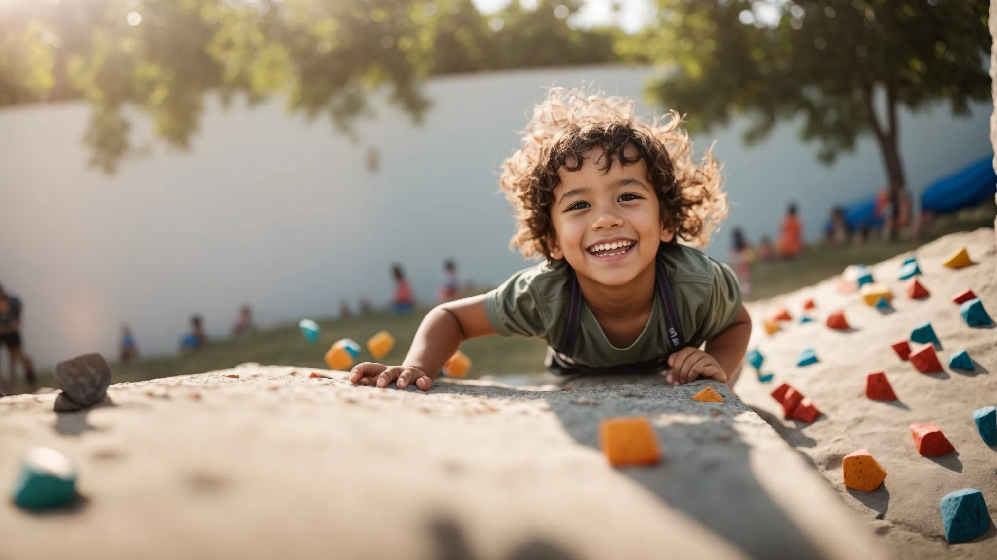 a child, with a broad smile, reaches the top of a climbing wall under the bright sun, symbolizing triumph and confidence.