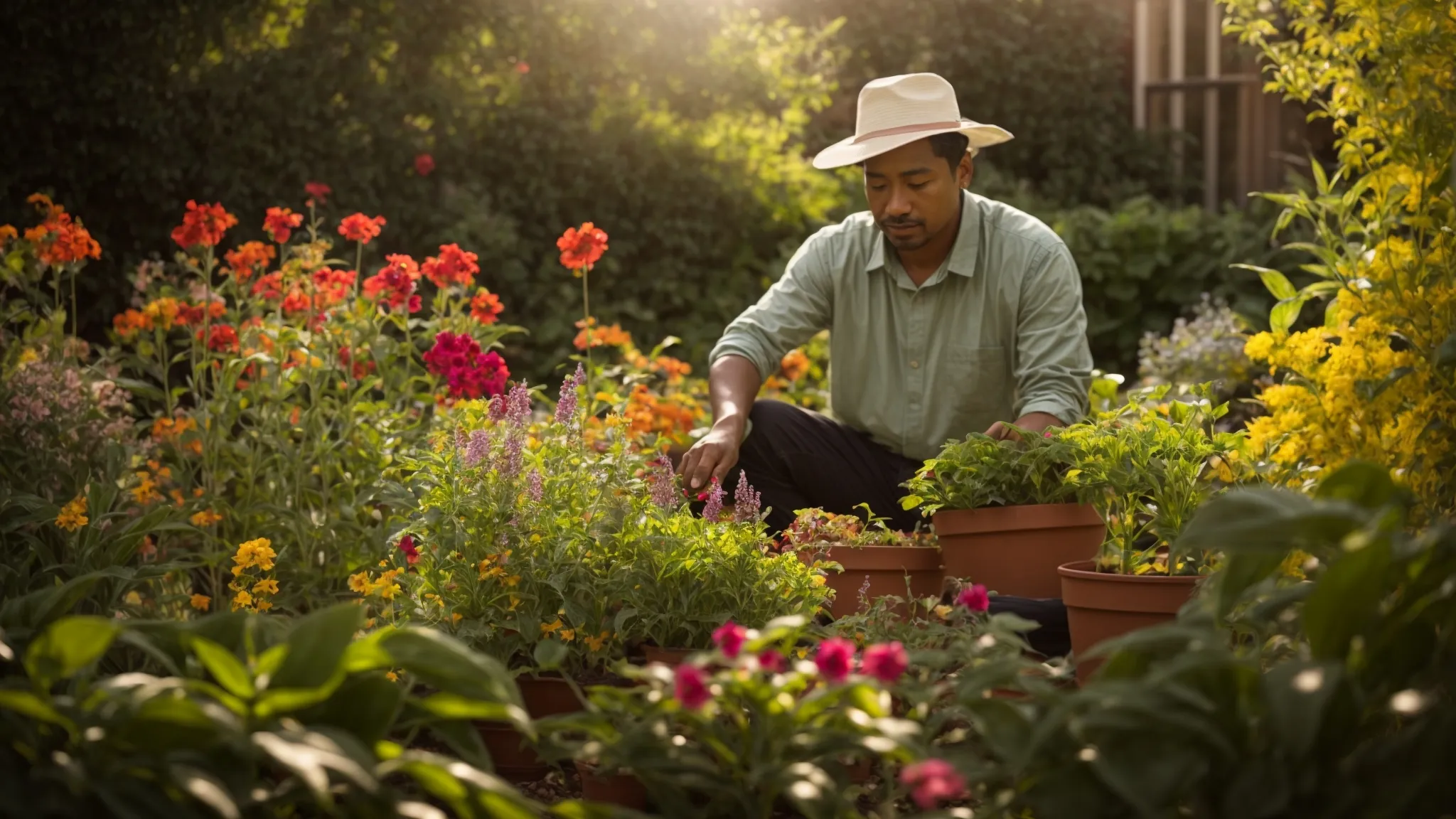 a gardener tenderly nurturing diverse plants in a vibrant, sunlit garden.