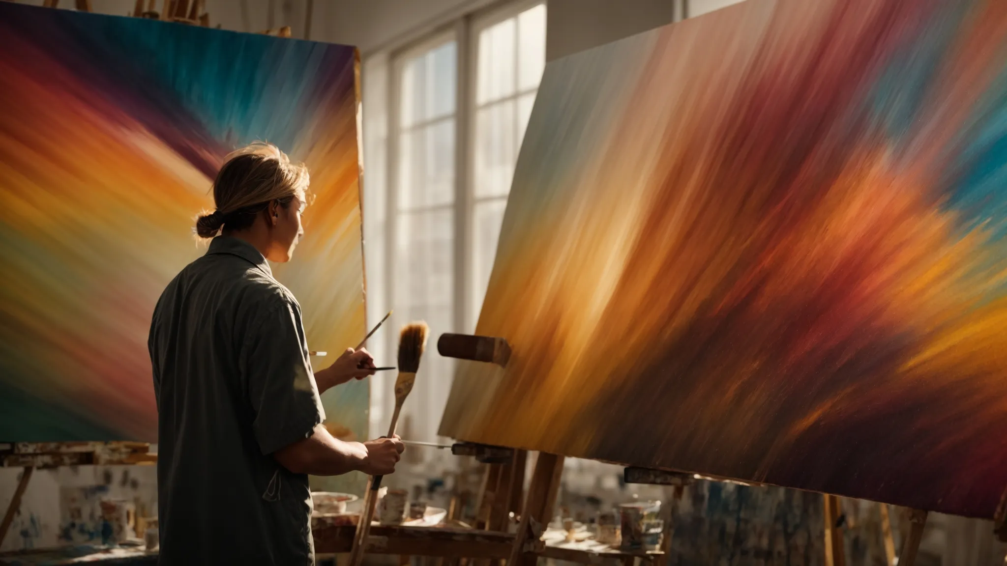a painter intensely focusing on adding vibrant colors to a large canvas in a sunlit studio.