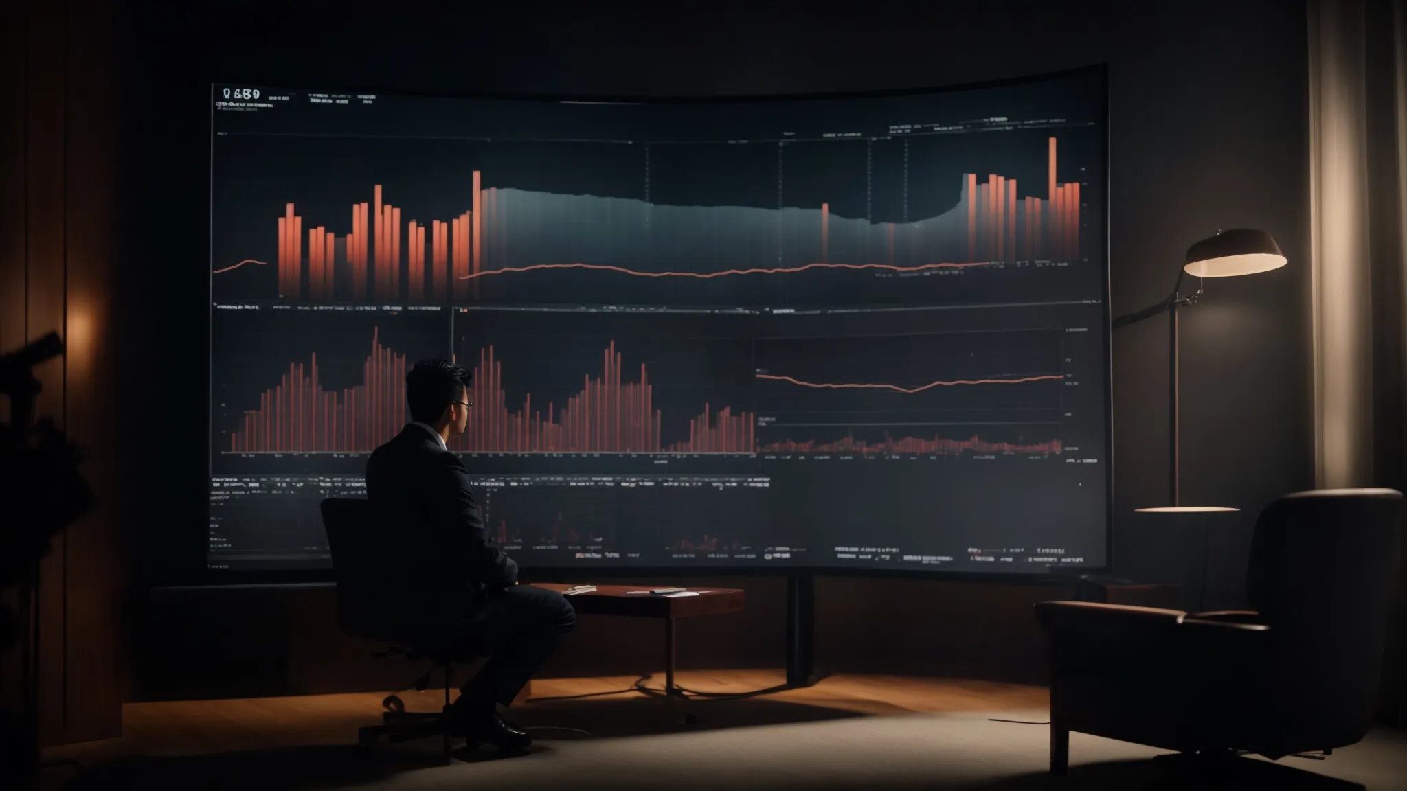 a digital screen displaying charts and graphs analyzing trends, with a shadowy figure pondering over it in a dimly lit room.