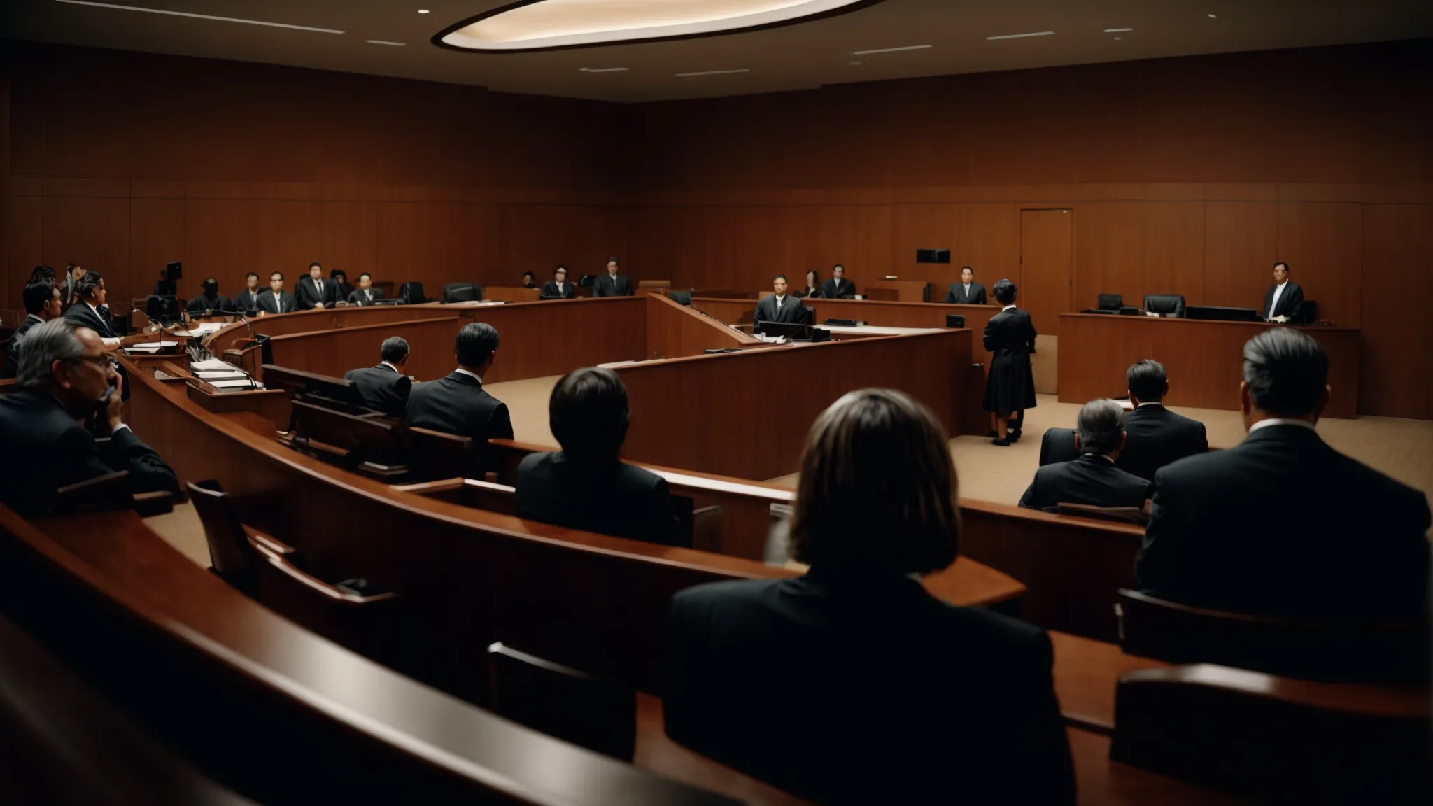 a wide angle view of a somber courtroom with a focused attorney speaking to a judge, symbolizing legal assistance.