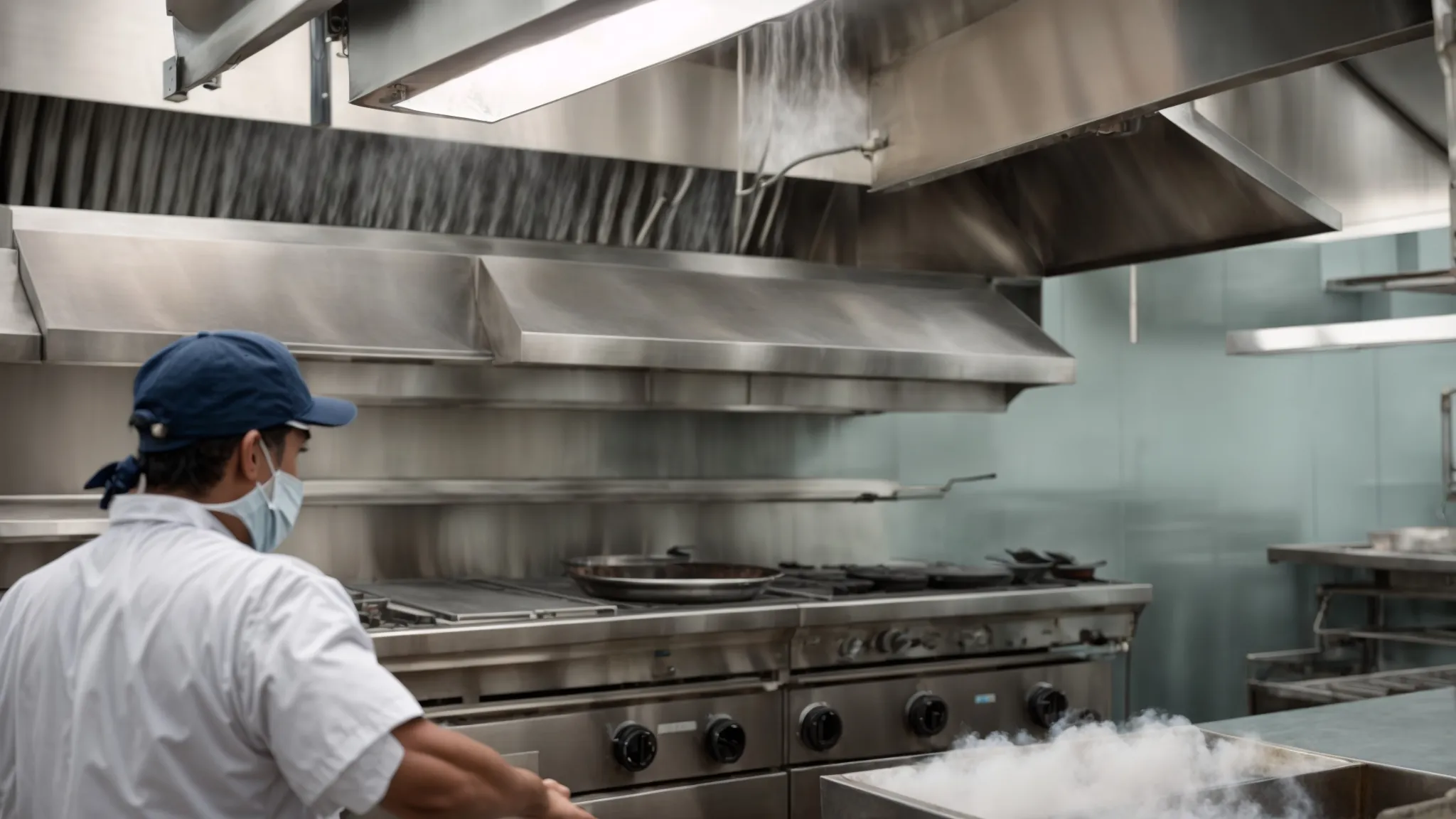 a professional cleaner is power-washing a commercial kitchen exhaust hood in Toronto Hood Cleaning, surrounded by steam.