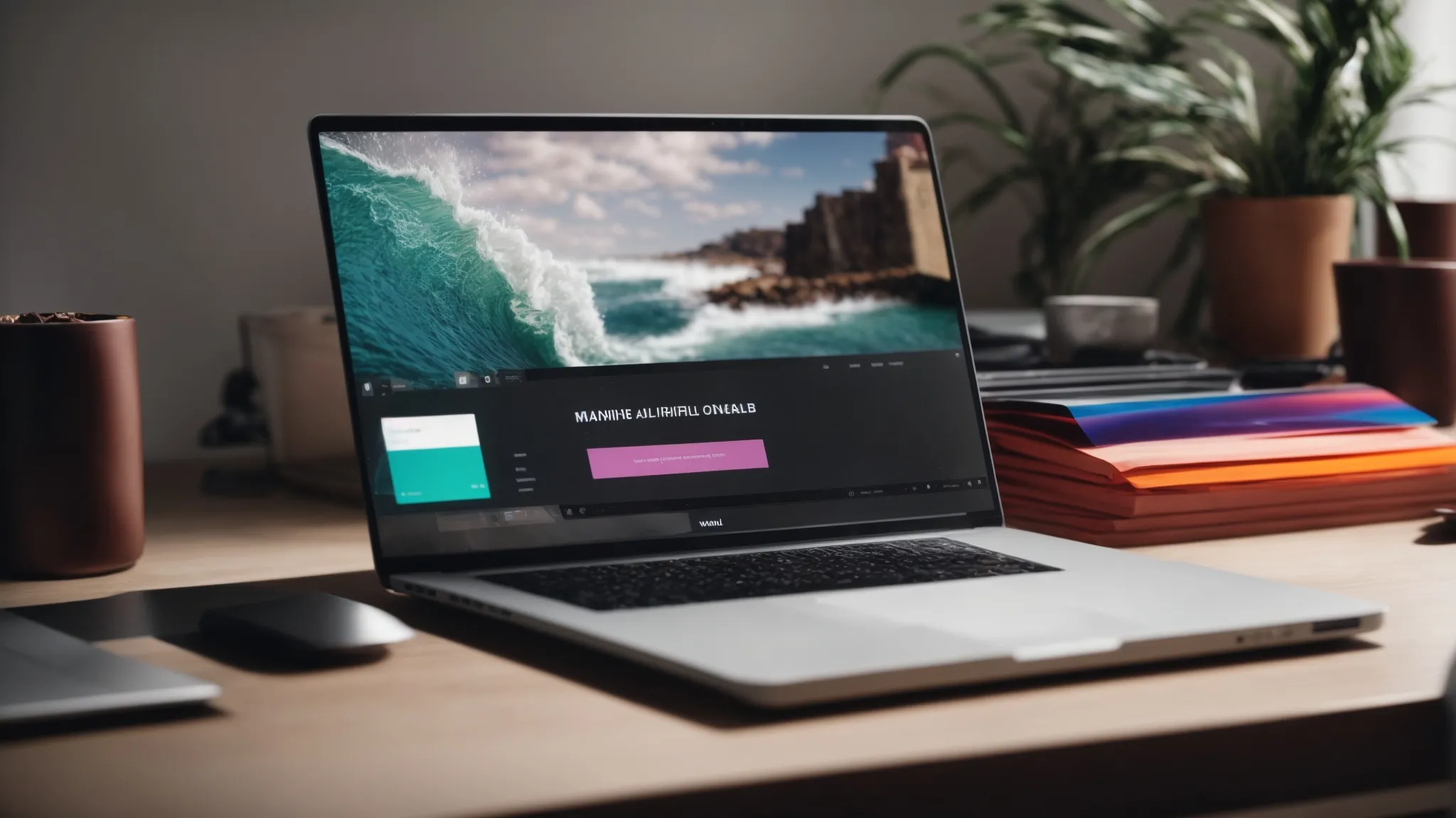 a minimalist workstation featuring a sleek laptop on a clean desk, with an open email marketing design software screen showing a colorful, captivating email layout in progress.