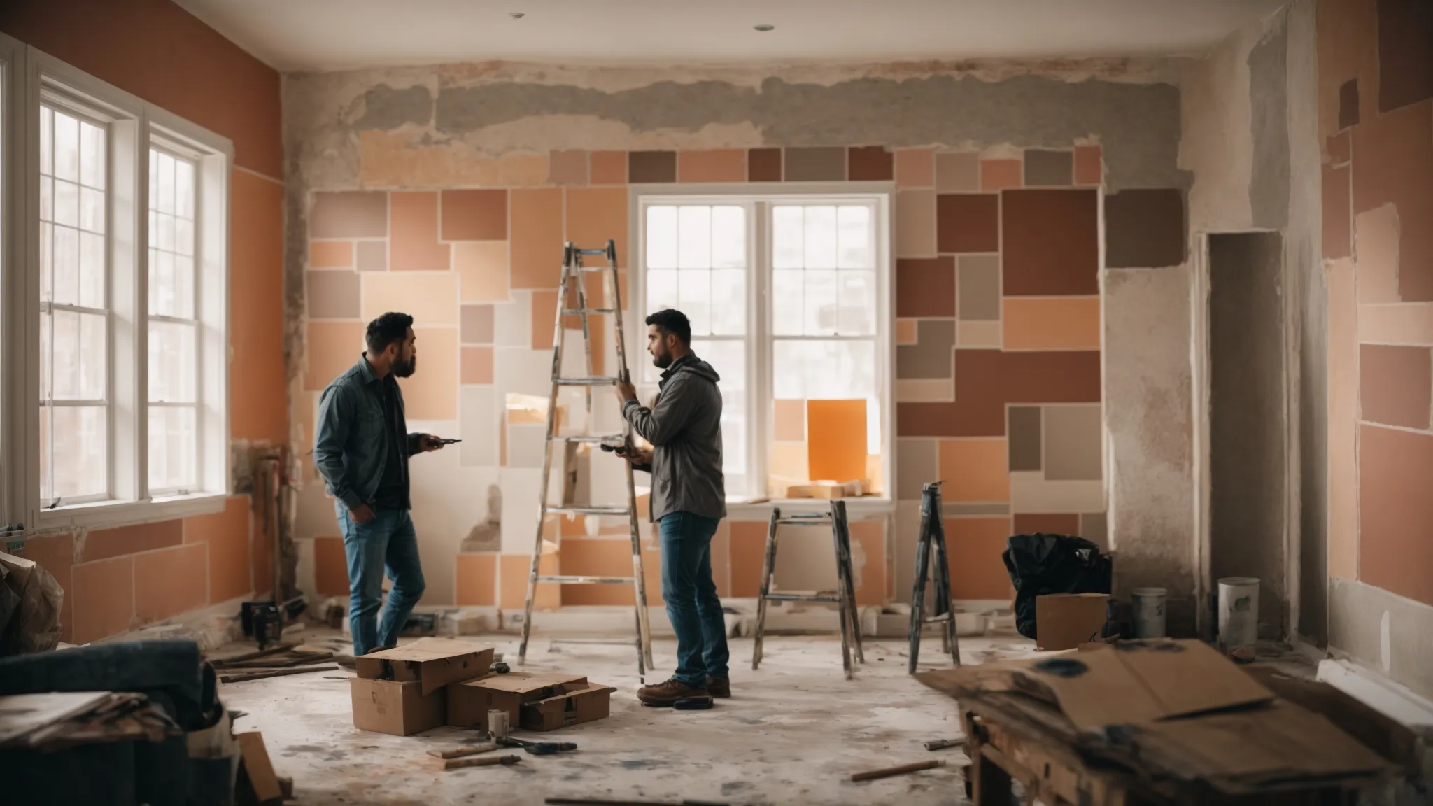 a homeowner and a contractor discuss plans in a partially renovated living room, surrounded by paint samples and tools.