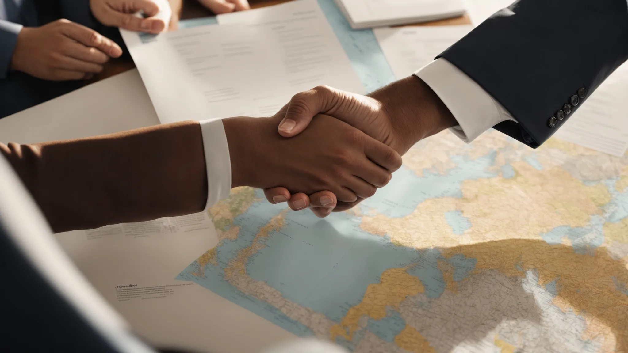 Create an image of a person shaking hands with a real estate lawyer in a sunny Florida office, surrounded by legal documents and a map of the state.