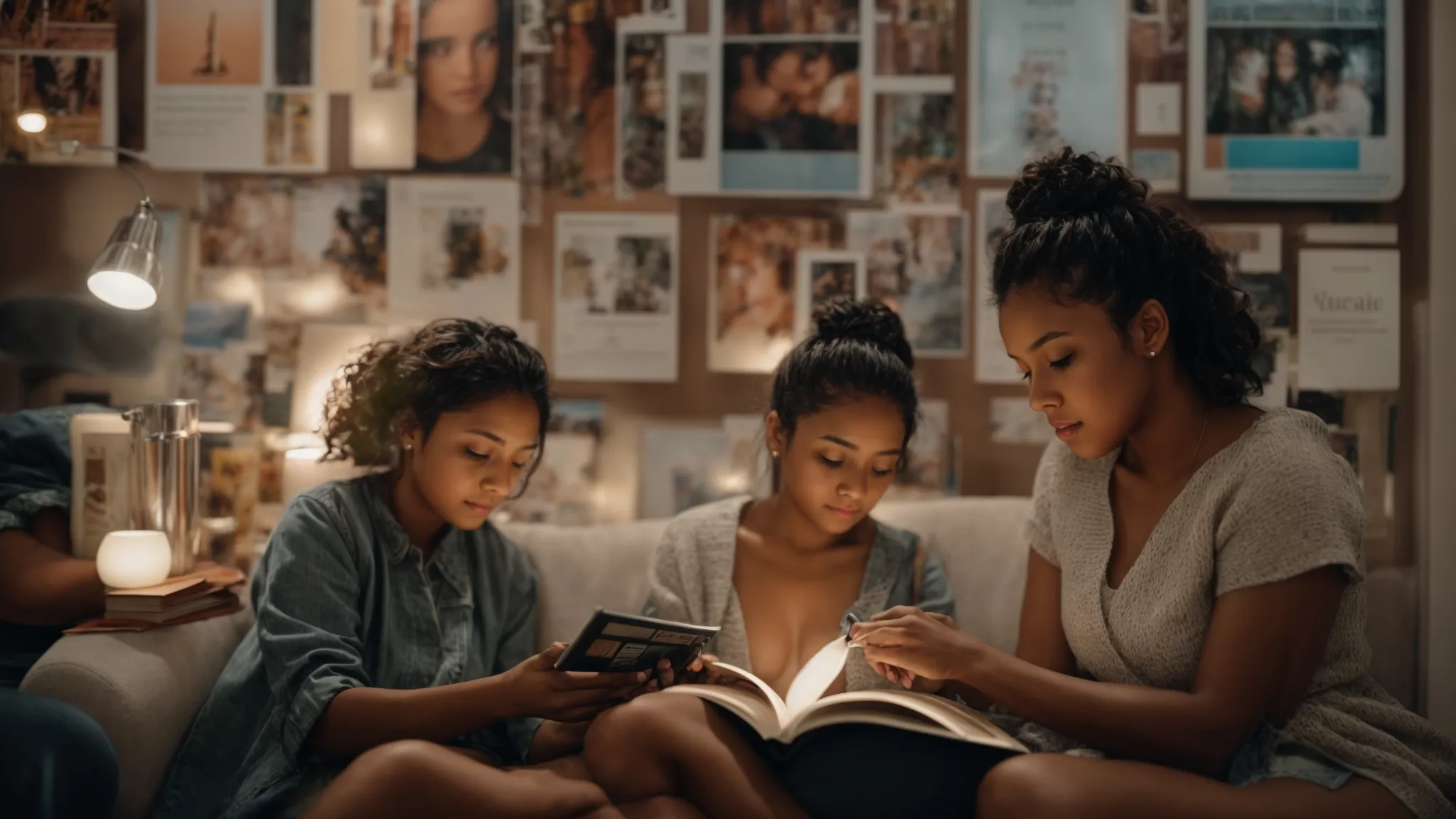 a daughter and mother sit together, engaged with a book and a tablet, surrounded by diverse representations of women in media posters on the walls.