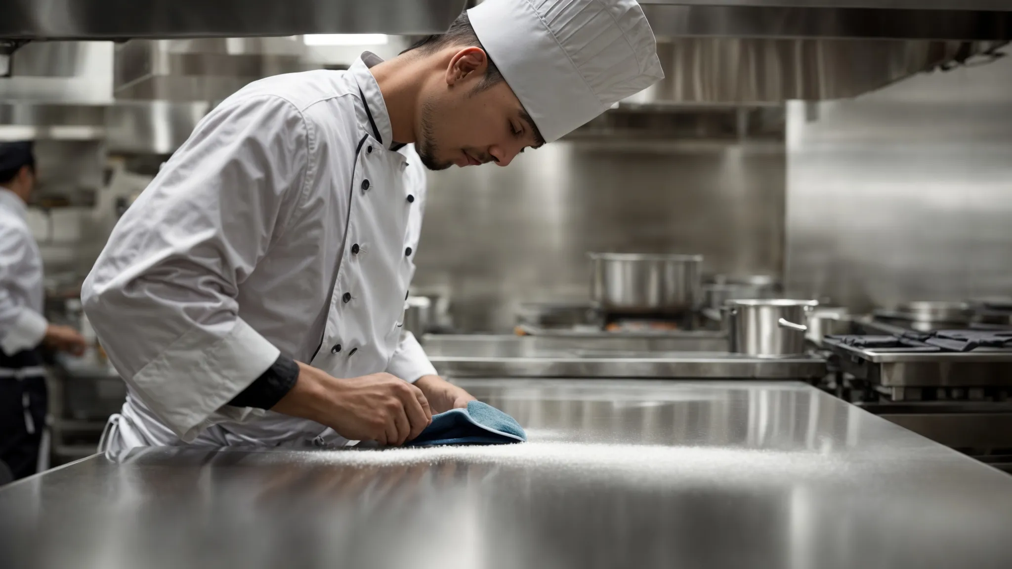 a chef meticulously cleans a commercial kitchen surface with a focus on technique rather than harsh chemicals.