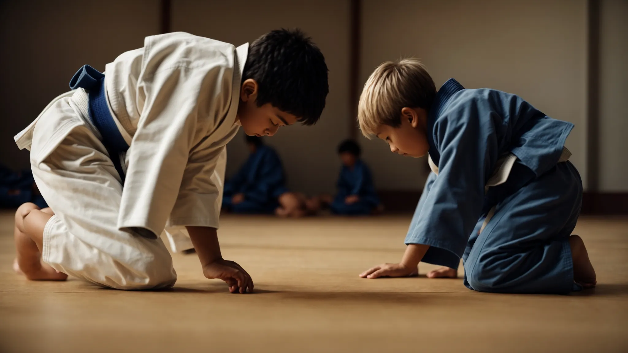 two young judo practitioners bow to each other, ready to begin a practice match in a well-lit dojo.