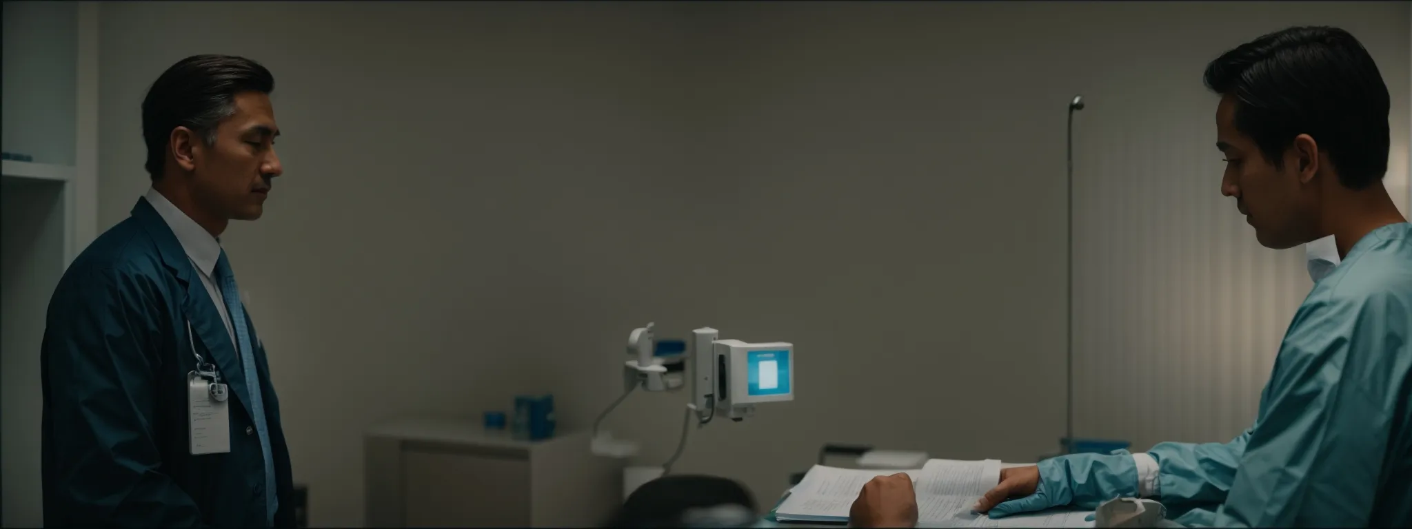 a surgeon and patient thoughtfully discussing over a medical chart in a calm, well-lit consultation room.