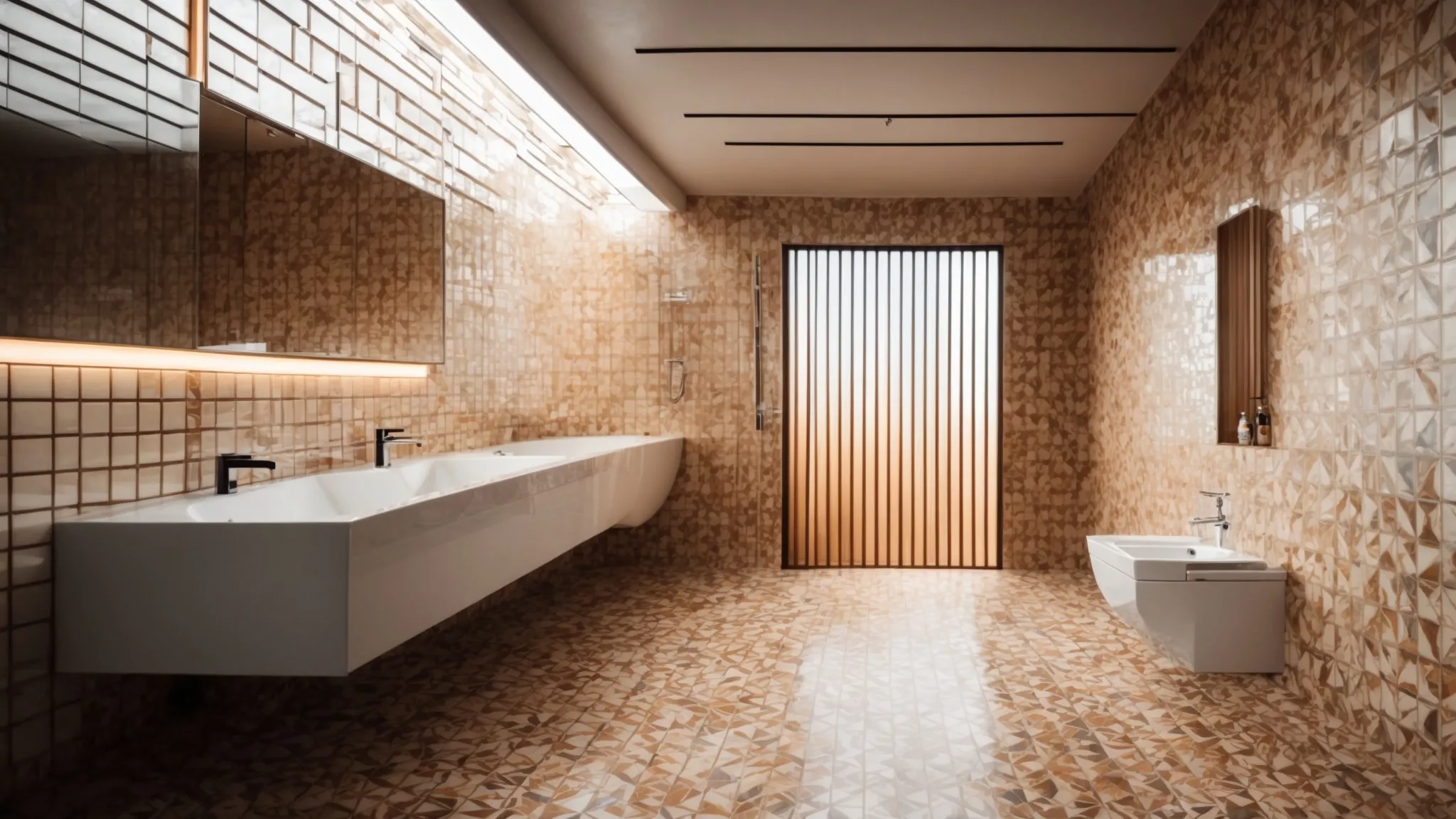 a bathroom radiant with geometric patterned tiles that cover both the floor and the walls, creating a captivating and unique visual feast.