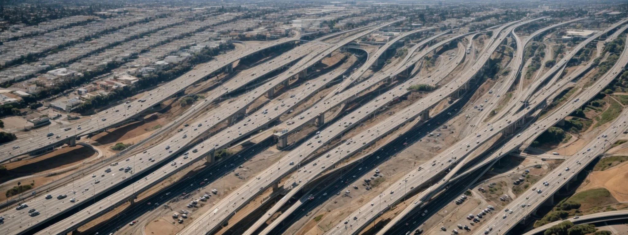 a wide aerial view of san diego's crowded highways intertwining beneath the clear blue sky.