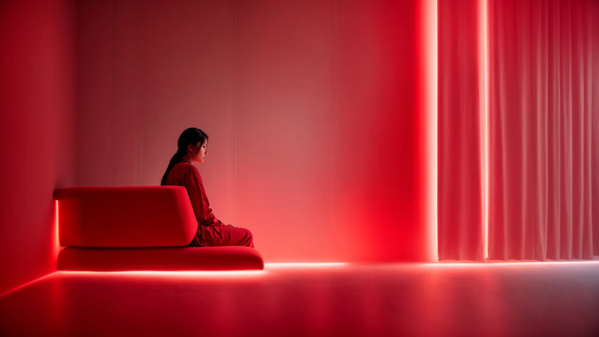 a person sits calmly in a serene room bathed in a soothing red glow from a light therapy device.