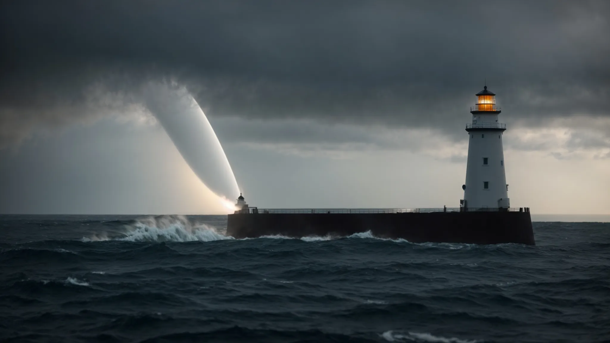 a lighthouse beams brightly across the digital sea, guiding ships towards it amidst a dark, vast ocean.