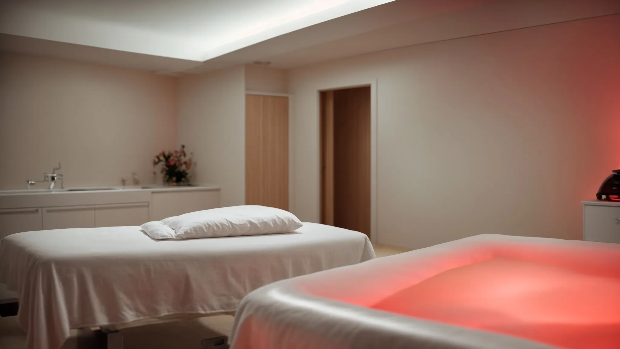 a serene, softly lit spa room with a red light therapy device glowing gently over an empty treatment bed.