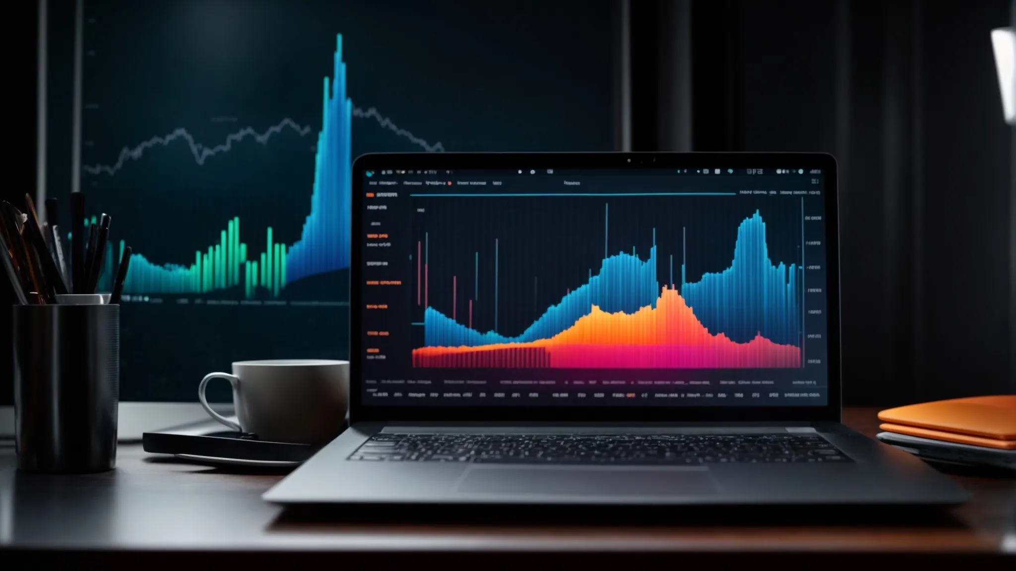 a laptop with vibrant graphs and charts on the screen sits atop a sleek, modern desk, symbolizing the analysis of data metrics.