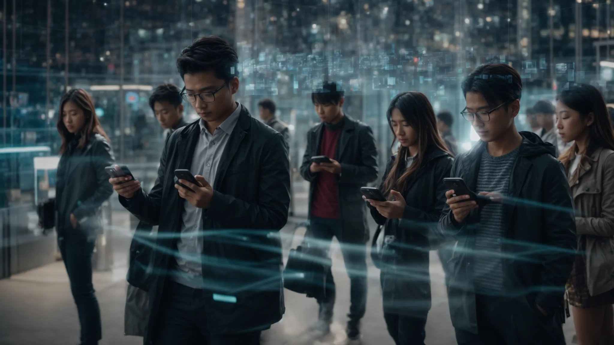 a wide panorama showcasing diverse individuals engrossed in their smartphones, with a translucent overlay of digital code intertwining around them, symbolizing targeted ai-powered content delivery.