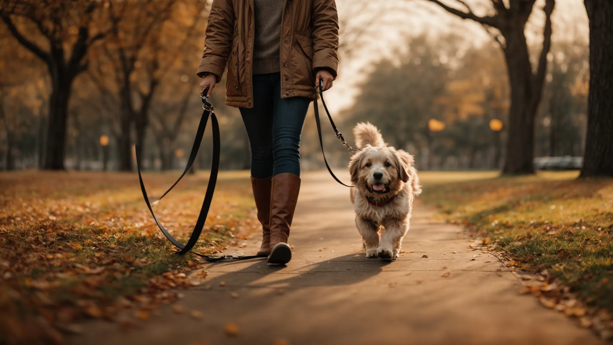 a dog owner happily walks their attentive dog through a park, both connected by a new training leash.