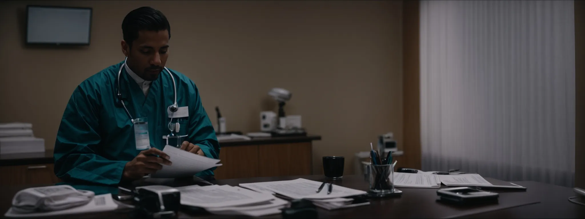 a surgeon and patient sit across from each other at a desk, discussing a document.