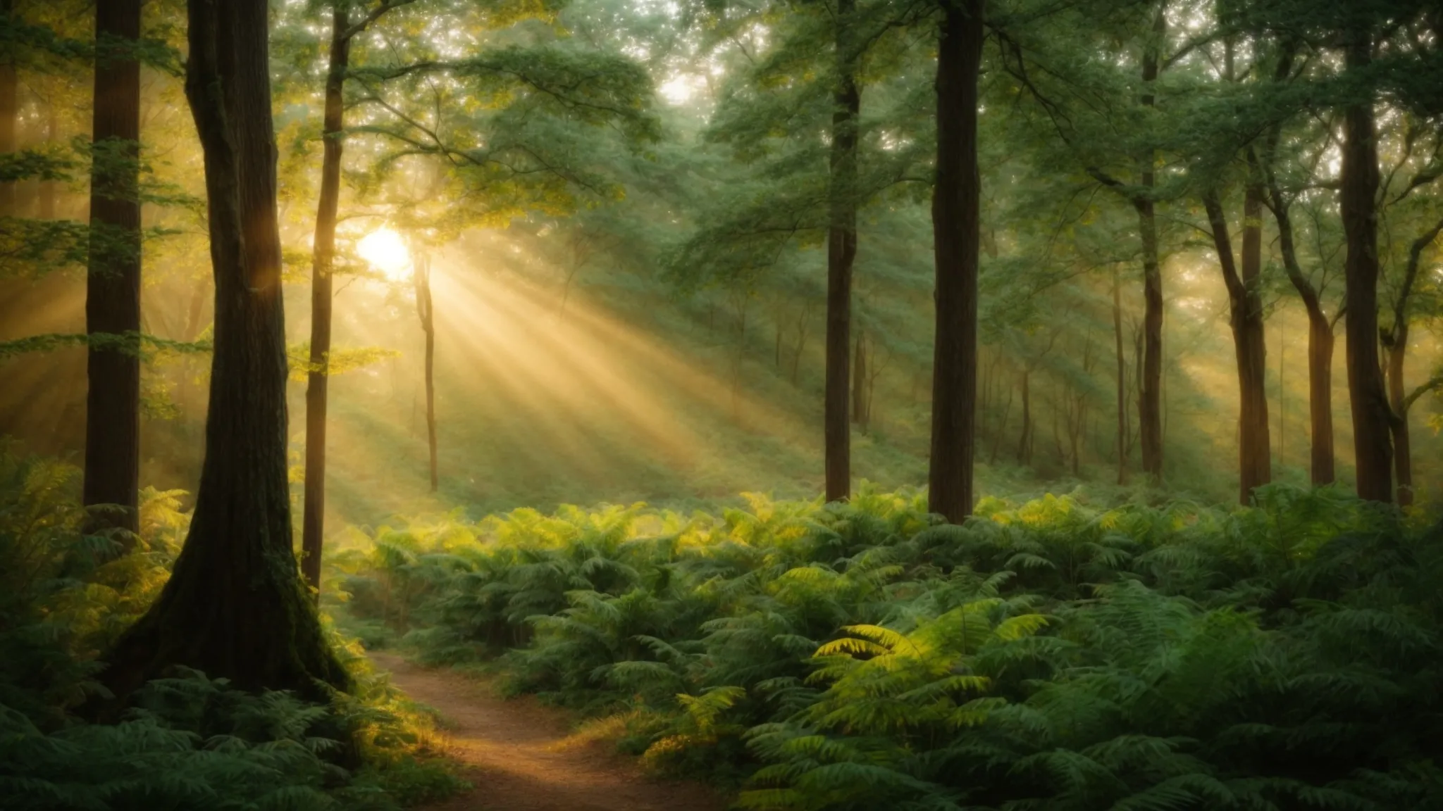 a sunrise over a verdant forest, symbolizing a new era of eco-friendly marketing.