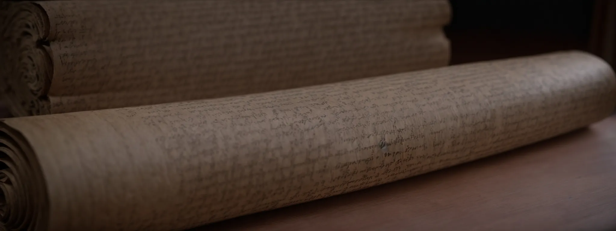 a large, ancient scroll unrolled on a wooden table, illustrating intricate legal texts and contract details against a backdrop of a grand, columned courthouse.