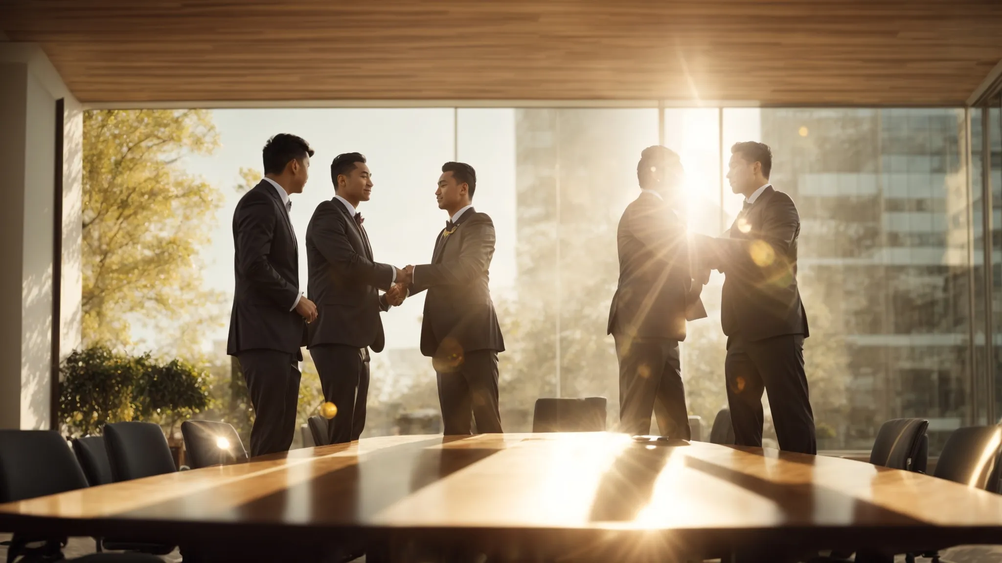 a group of professionals shaking hands across a conference table as sunlight floods the room.