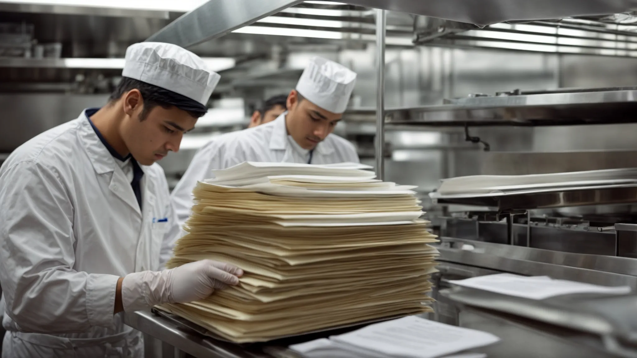a commercial kitchen team reviews a folder of compliance documents next to a professionally cleaned exhaust system.