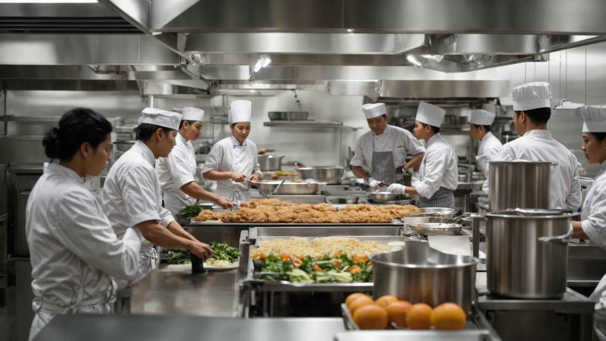a bustling commercial kitchen with clear air and active cooks, highlighting an efficient, clean environment.