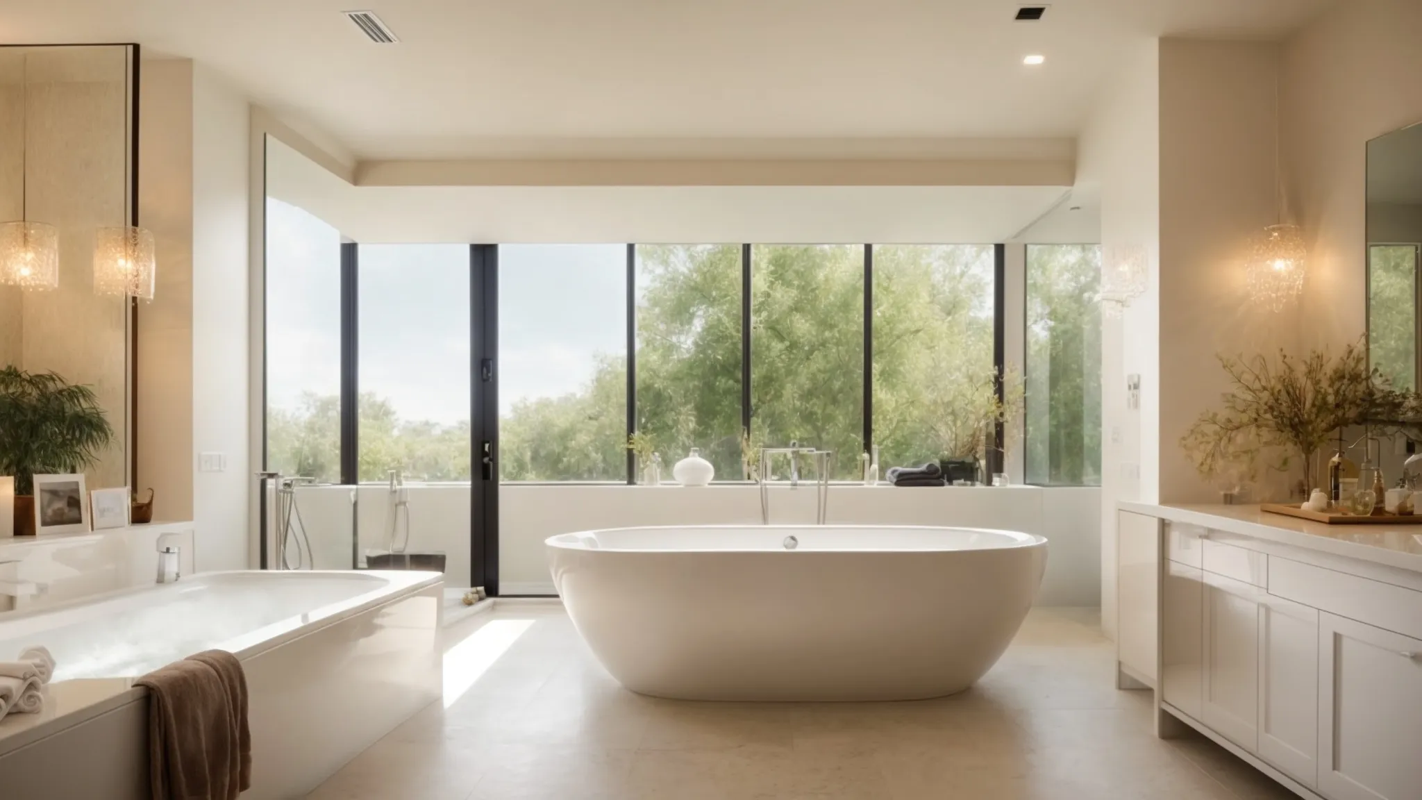 a spacious commercial bathroom renovations featuring a deep soaking tub and steam shower amidst serene, softly lit surroundings.