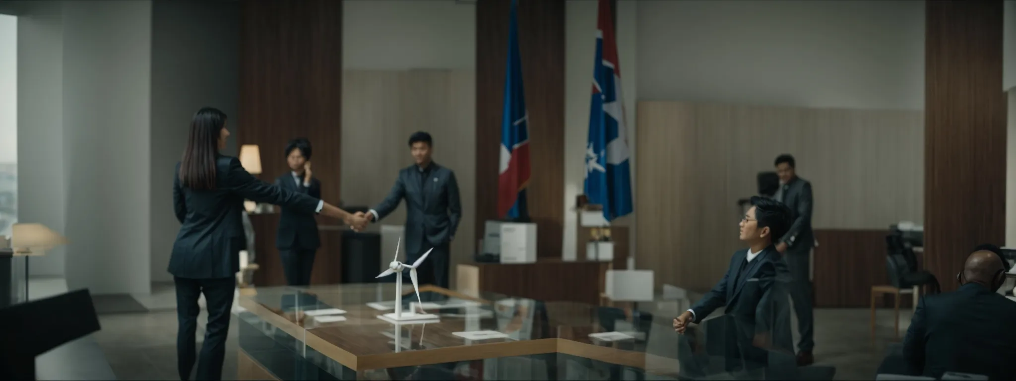 a professional shaking hands over a table with a large wind turbine model, symbolizing a successful energy investment partnership.