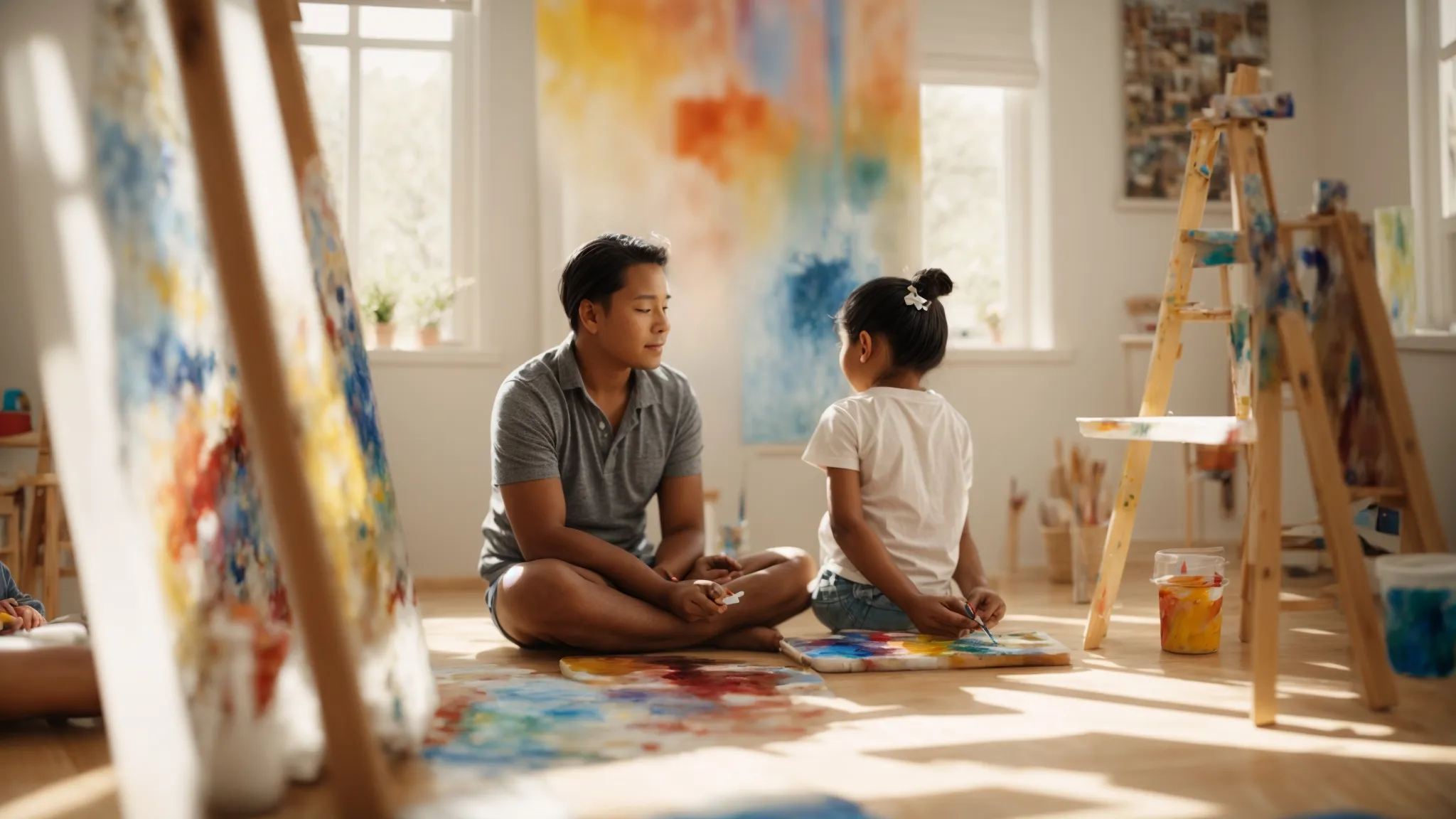 a parent and a kindergartener sit side by side, immersed in painting on a shared canvas in a sunlit room.