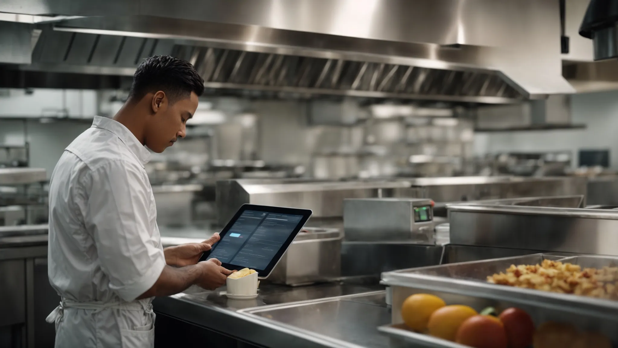 a person scanning through customer feedback on a tablet while standing in a commercial kitchen.